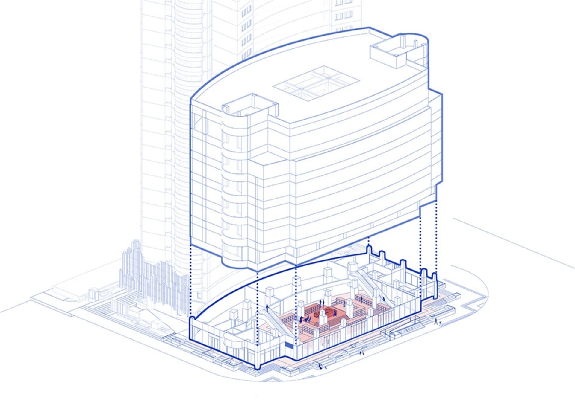 A detailed architectural blueprint depicting the facade of a building.