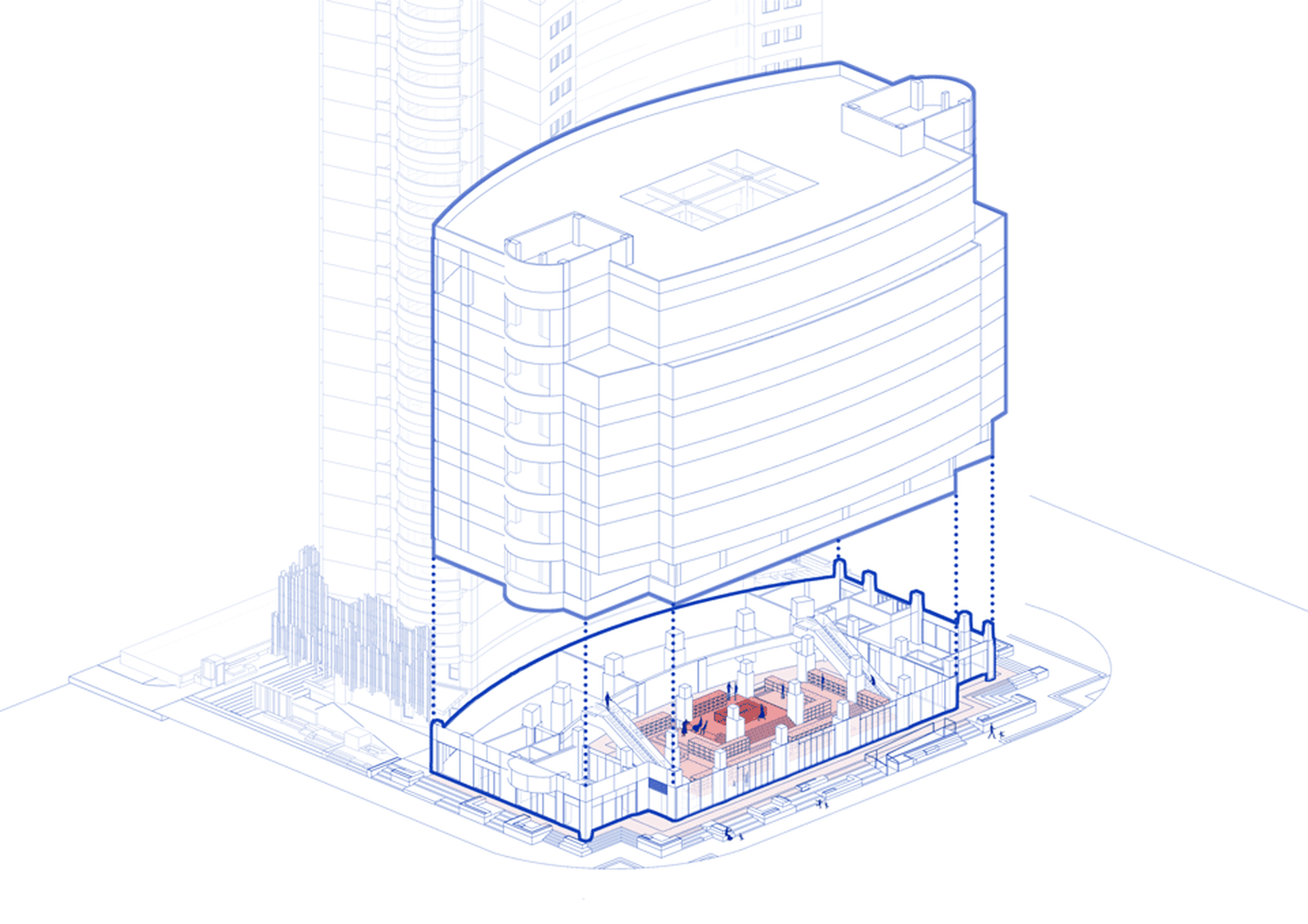 Modern urban architecture featuring glass, steel, and concrete materials in a cityscape setting.