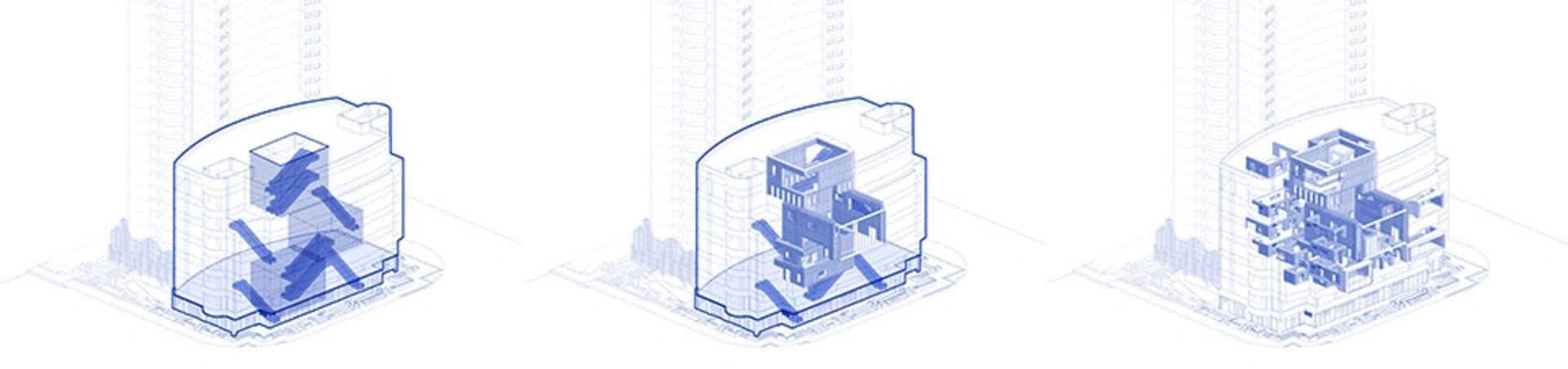 一系列三張藍線描繪的建築設計圖,呈現各種建築形式與構圖。