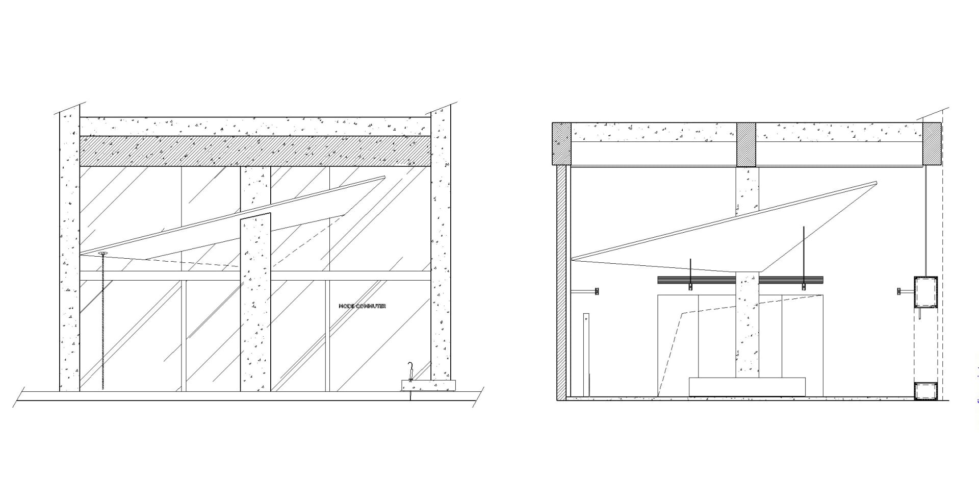 A technical plan of an interior design featuring metal, glass, concrete, and wood materials.