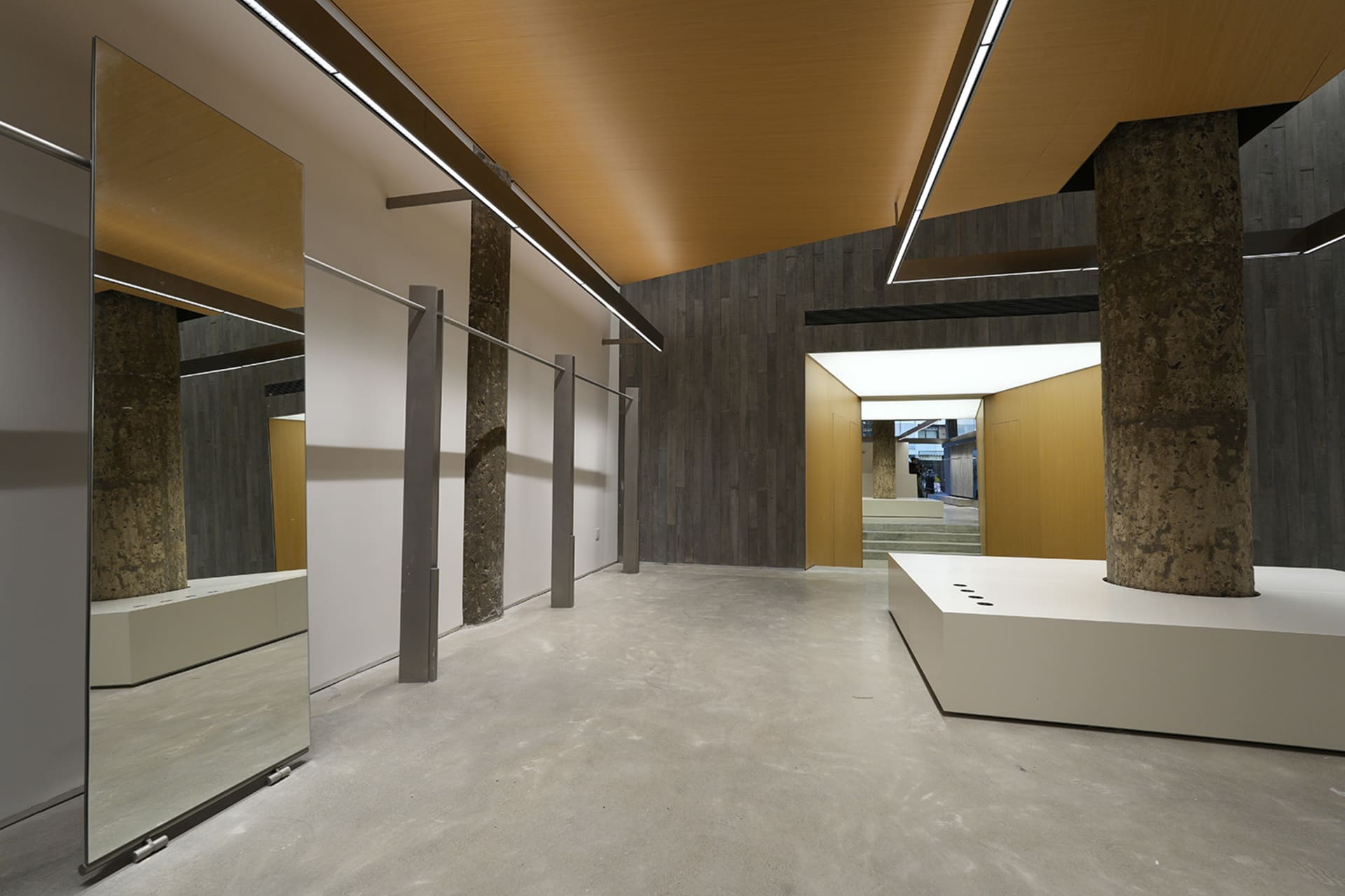 A minimalist industrial installation featuring concrete walls and floors in a space with concrete pillars.