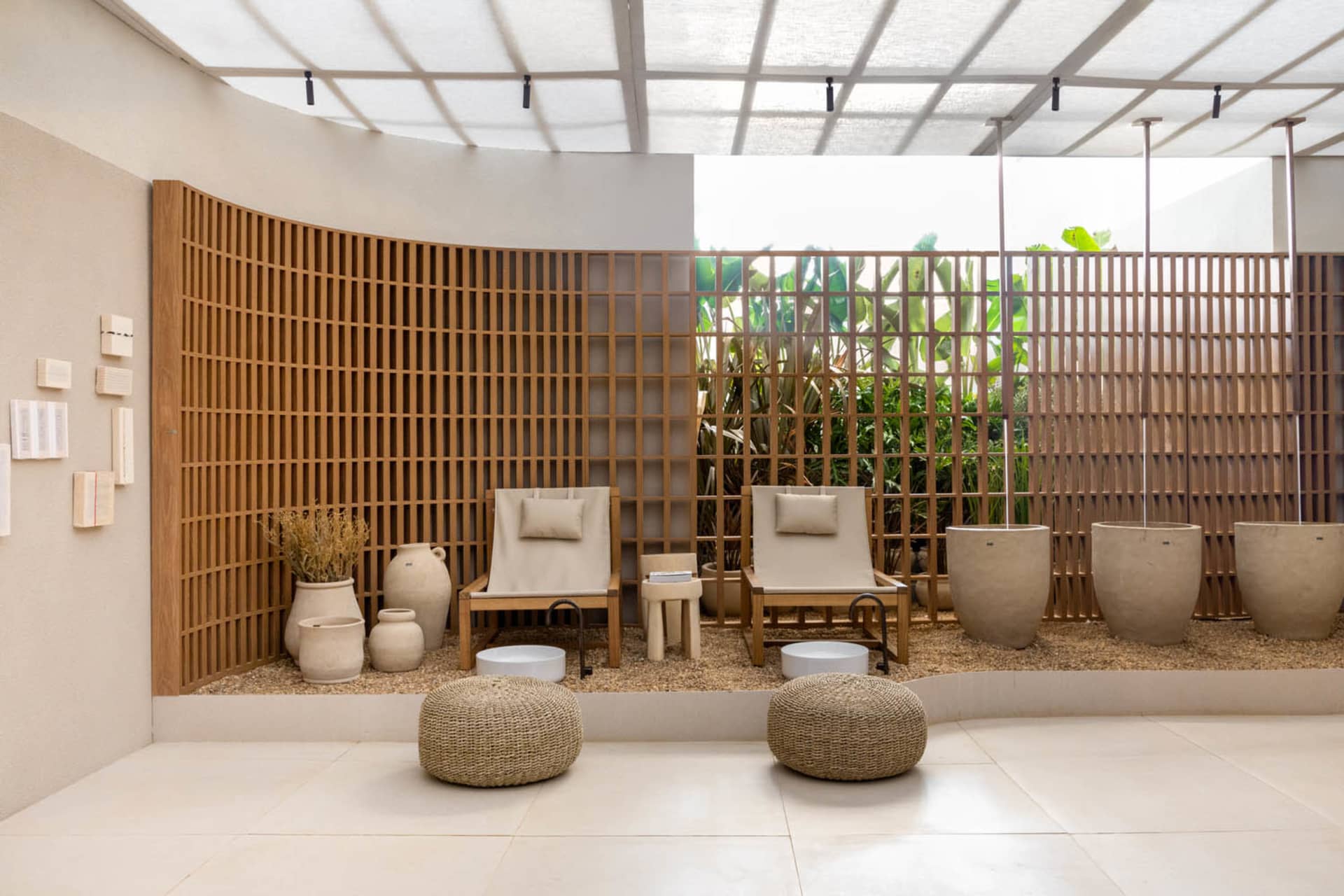A serene relaxation zone featuring wooden elements and plants.