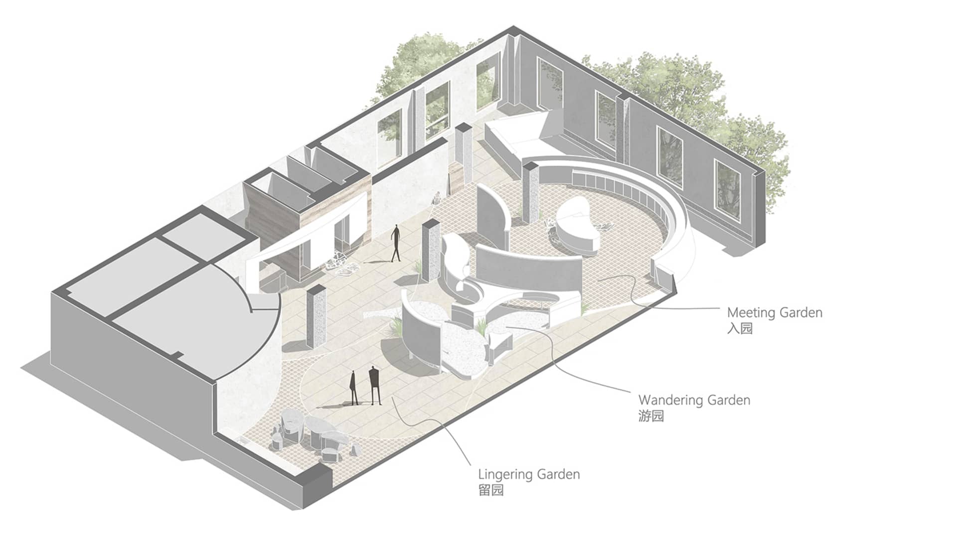 An architectural plan of a modern garden space featuring concrete and marble materials.