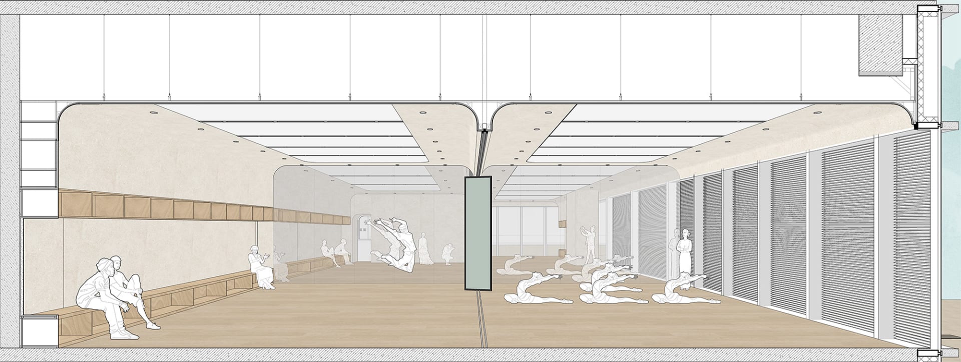 舞蹈工作室的建築渲染圖,木質地板、玻璃牆面與金屬元素。