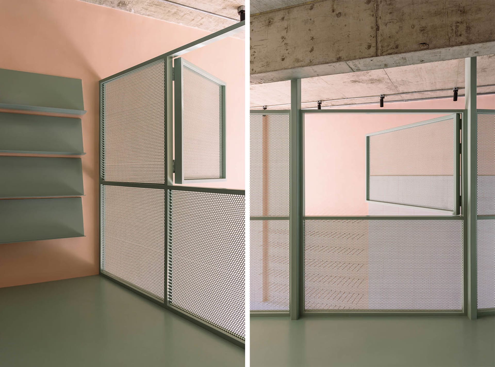 A minimalist interior design featuring modern concrete walls and a perforated metal screen.