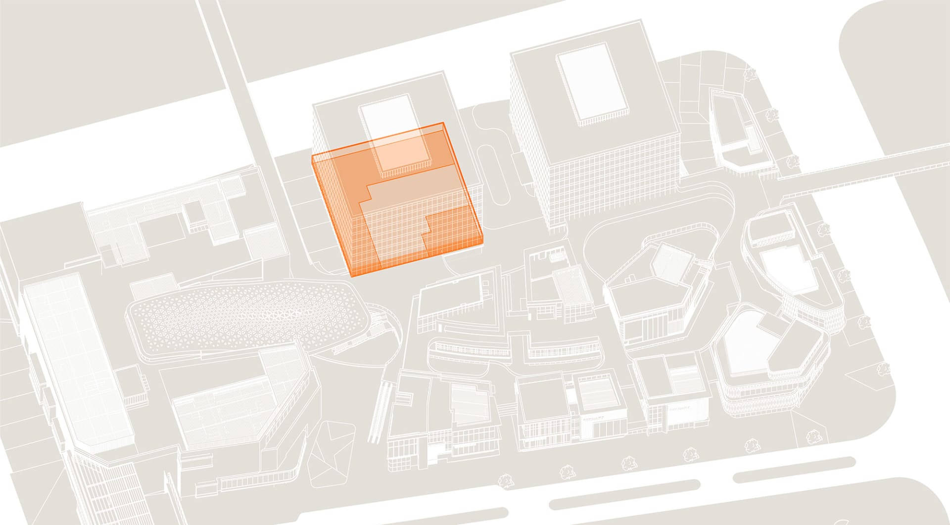 Floor plan of a modern urban center featuring a glass building.