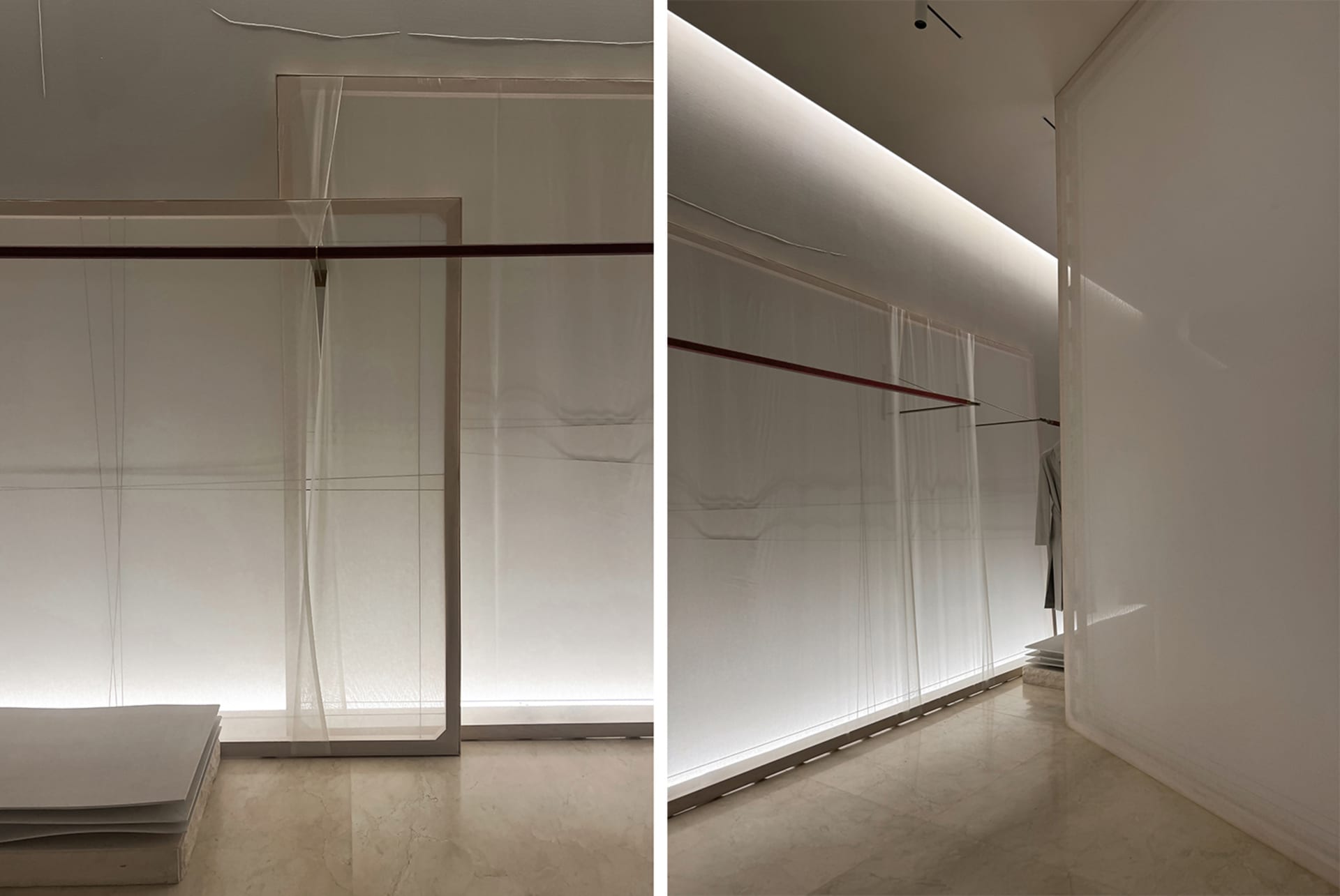 White architectural interior design featuring sheer curtains and soft lighting.