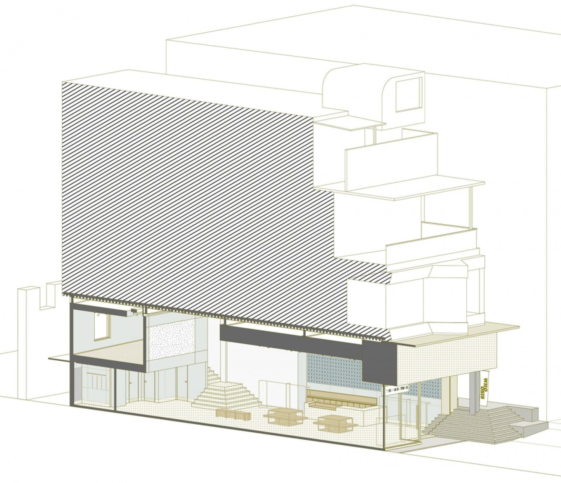 現代建築室內的剖面視圖，展示各種建築元素與功能。