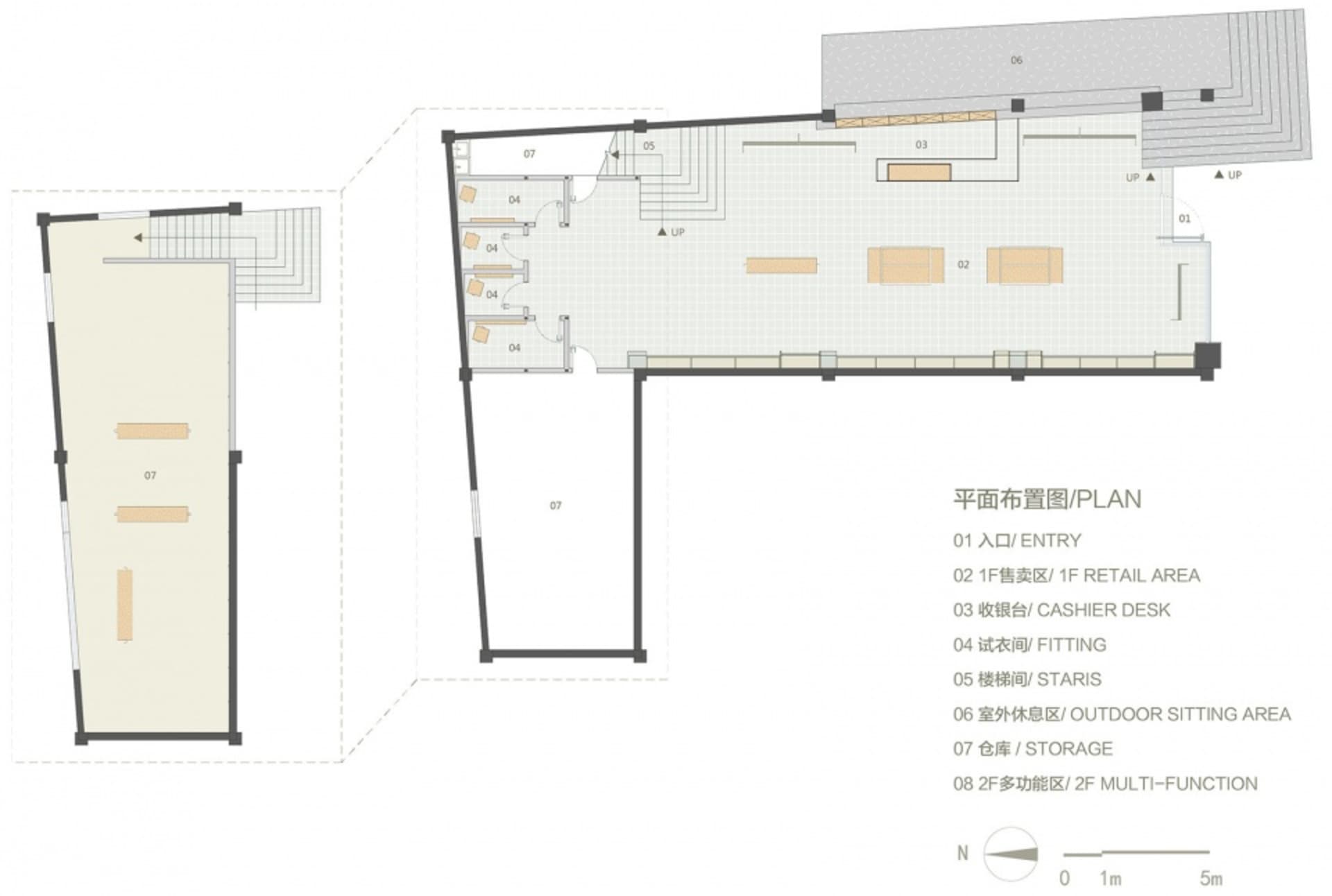 現代工業風格零售店的平面圖，採用拋光水泥地板。