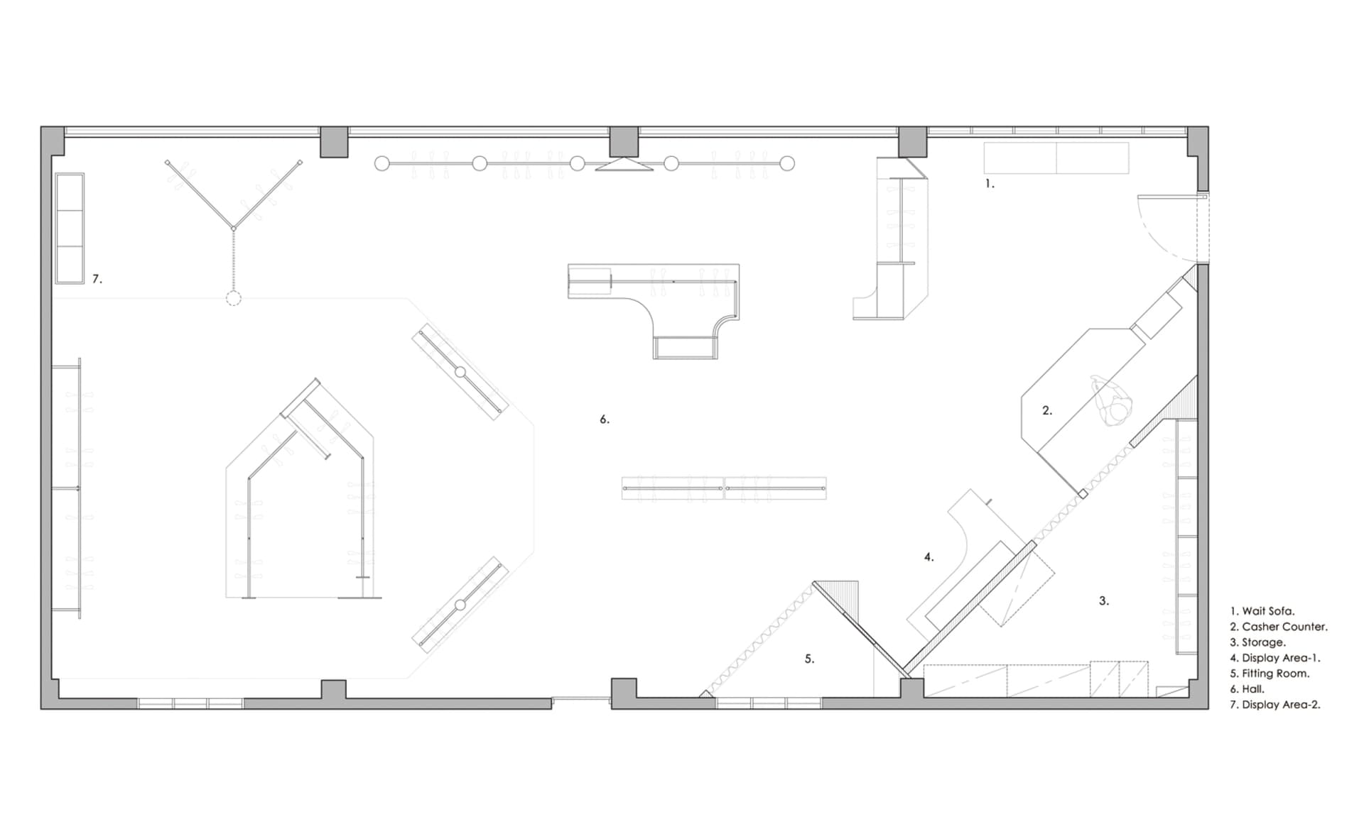 A 2D architectural drawing of a retail space showing display areas and functional zones.
