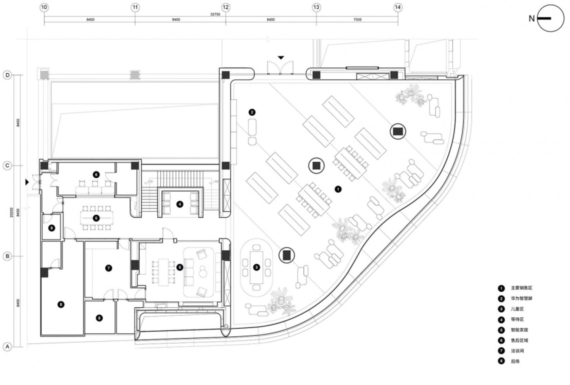Floor plan of a business center with various functional areas and outdoor seating.