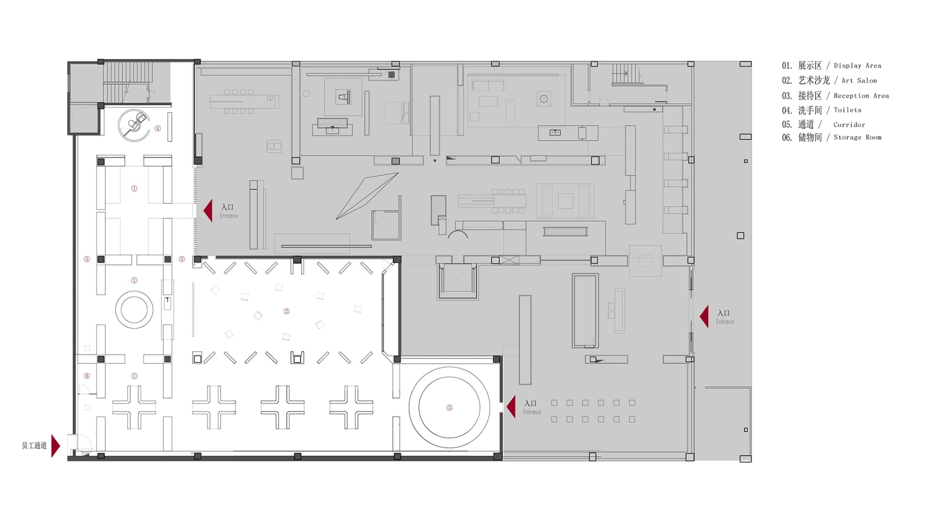 Floor plan of a modern office space showing various functional zones such as reception area, restrooms, corridors, and storag