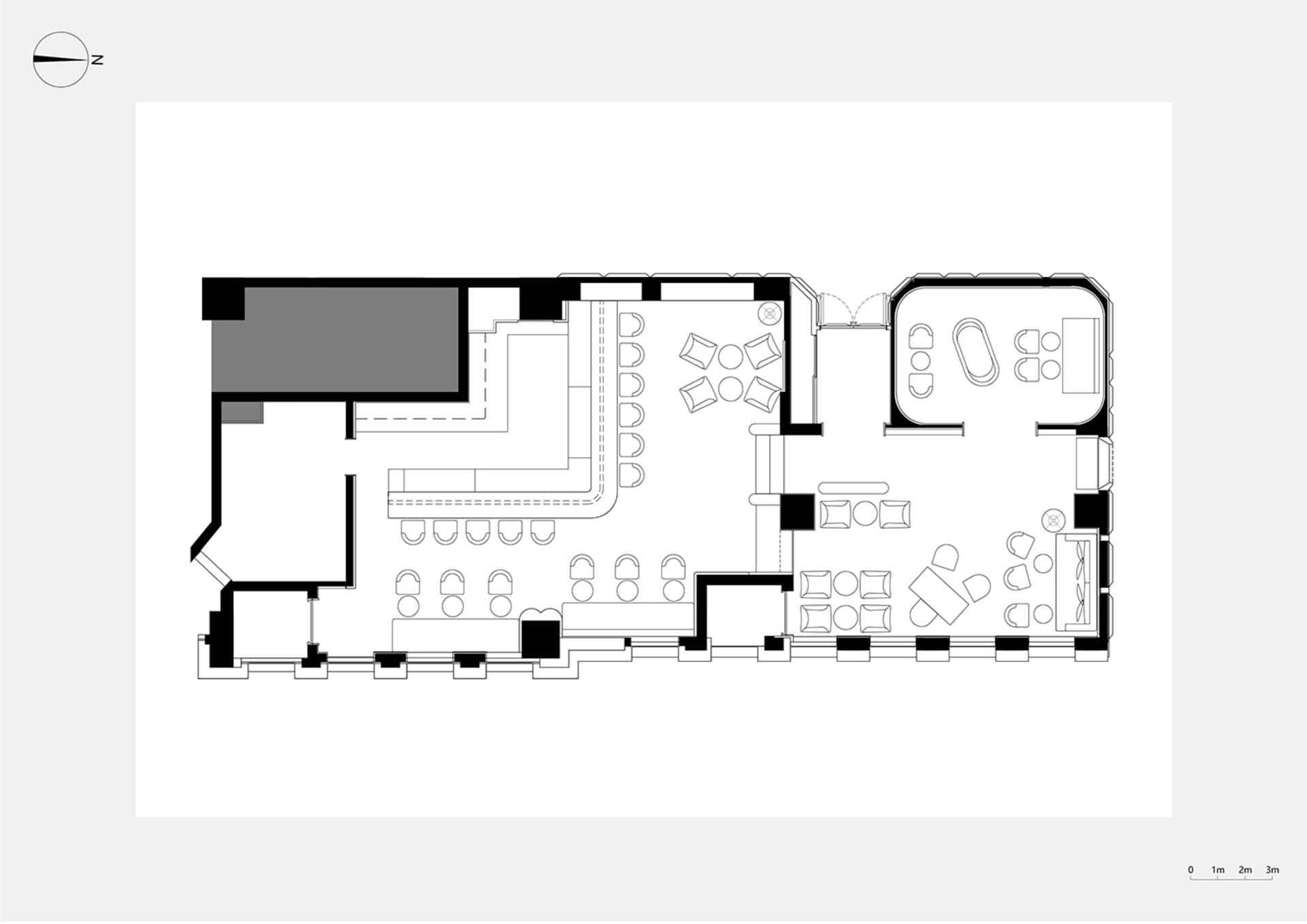A detailed architectural layout of a modern restaurant interior, featuring contemporary furniture and design elements.