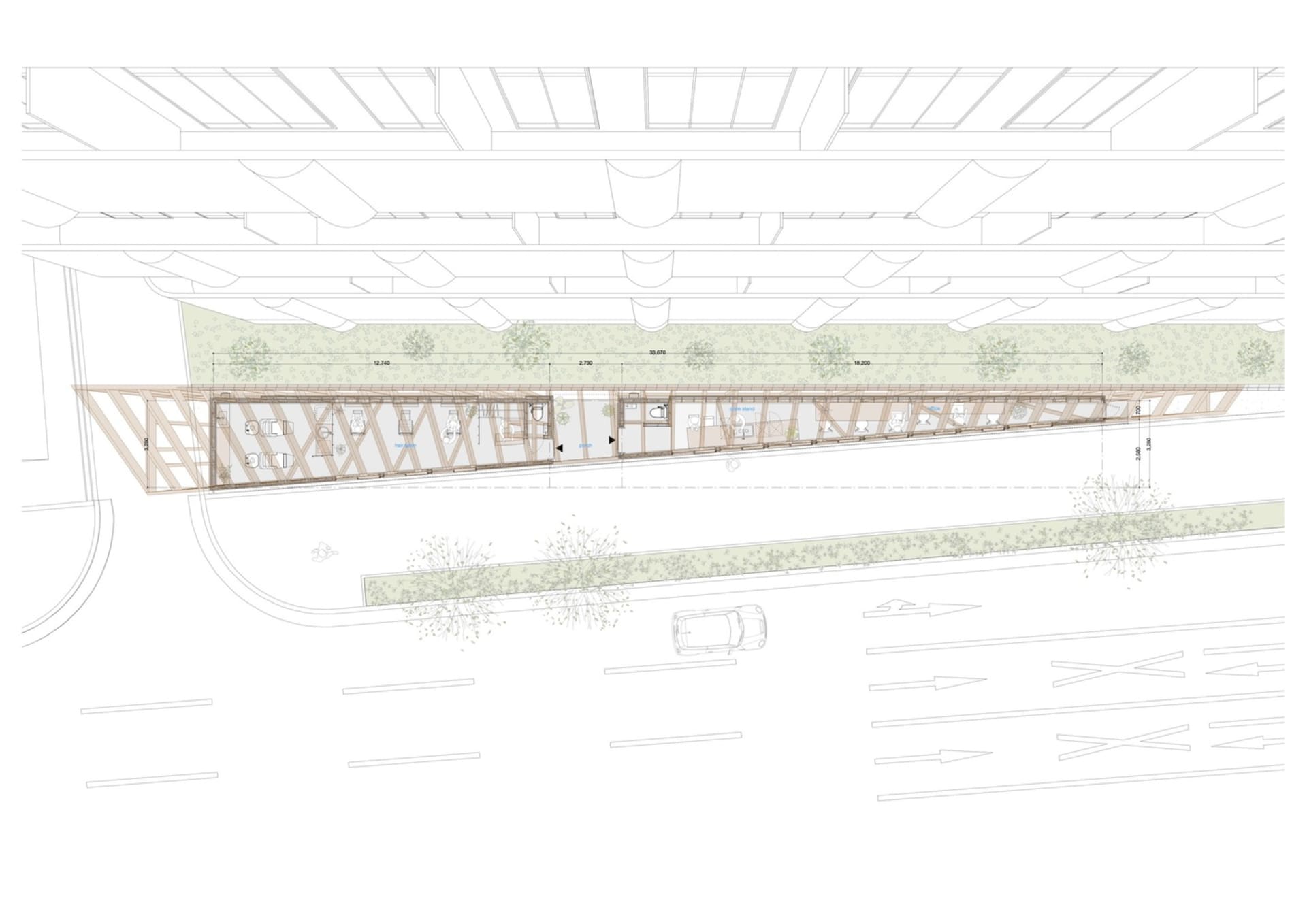 A detailed architectural drawing of a modern storefront with a wooden frame.
