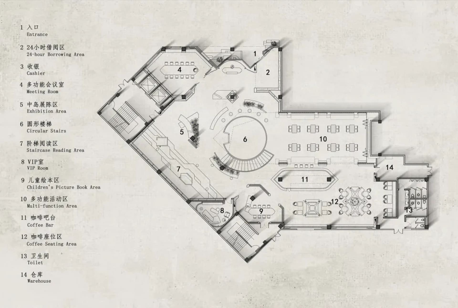 Library floor plan with designated rooms for entrance, borrowing area, cashier, meeting room, exhibition area, circular stair