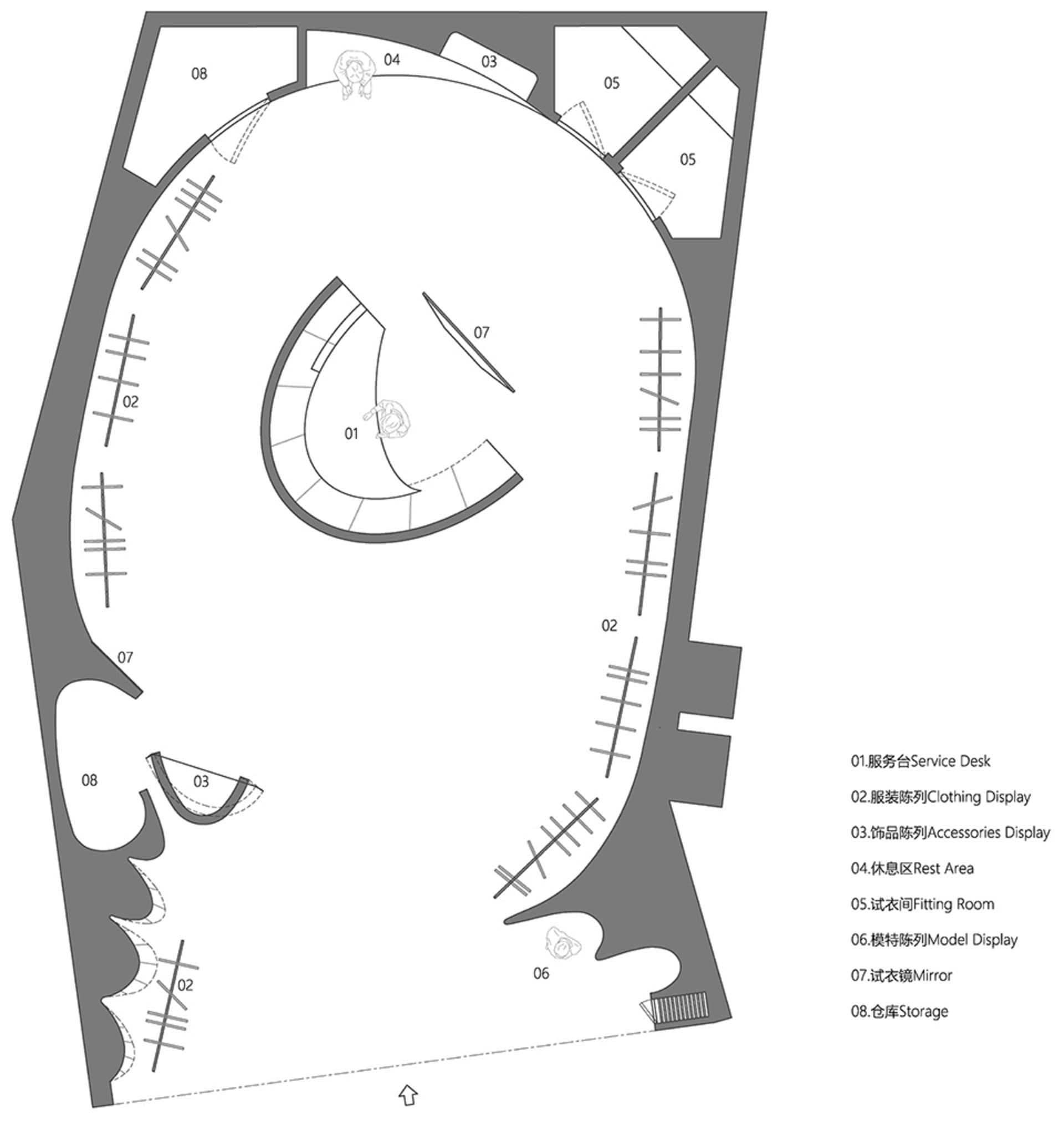 A detailed 2D architectural drawing of a retail boutique showcasing various functional areas such as a service desk, clothing