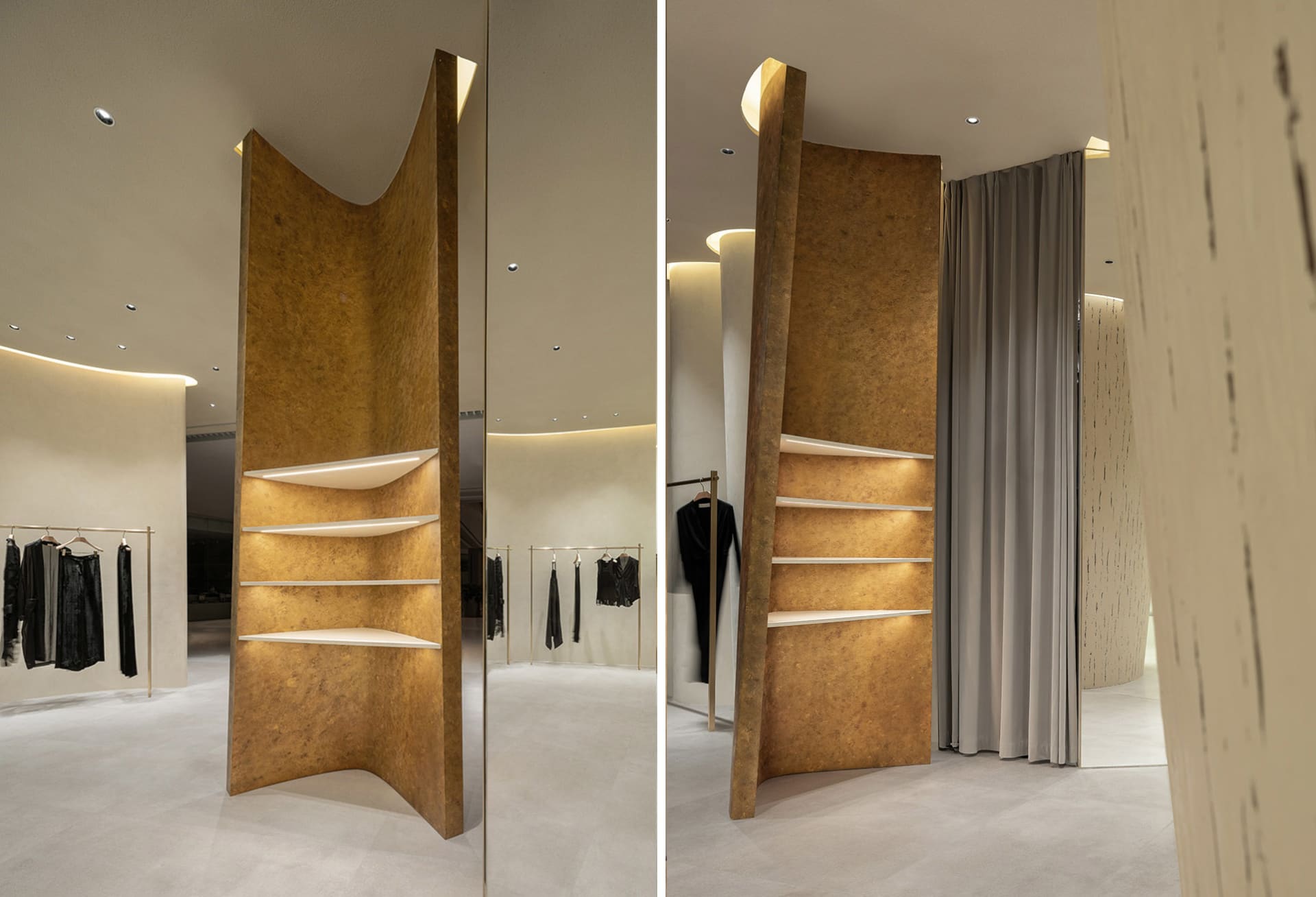 Modern retail storefront with wooden shelves and lighting.