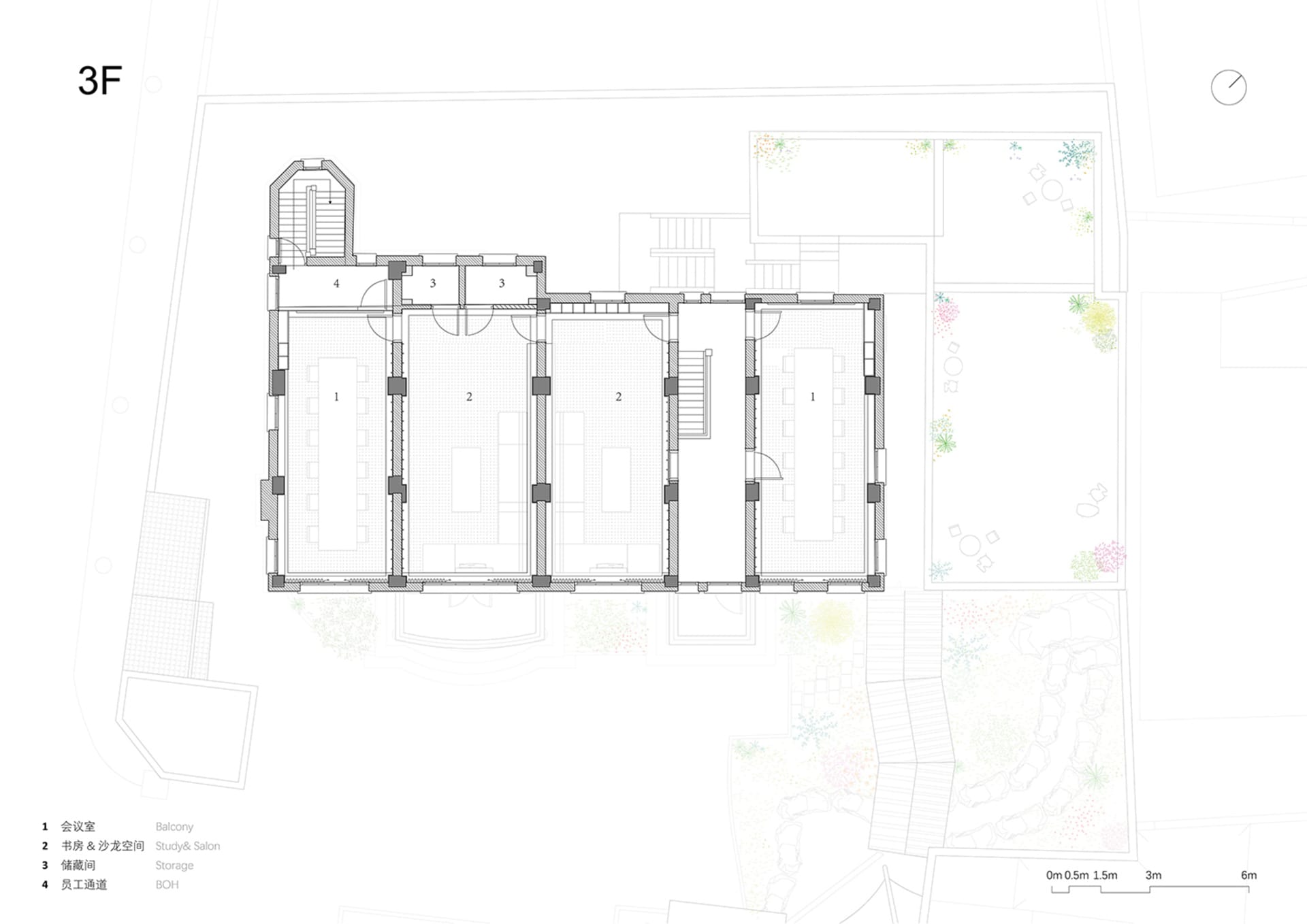Floor plan of a modern office interior featuring concrete, wood, and glass elements.