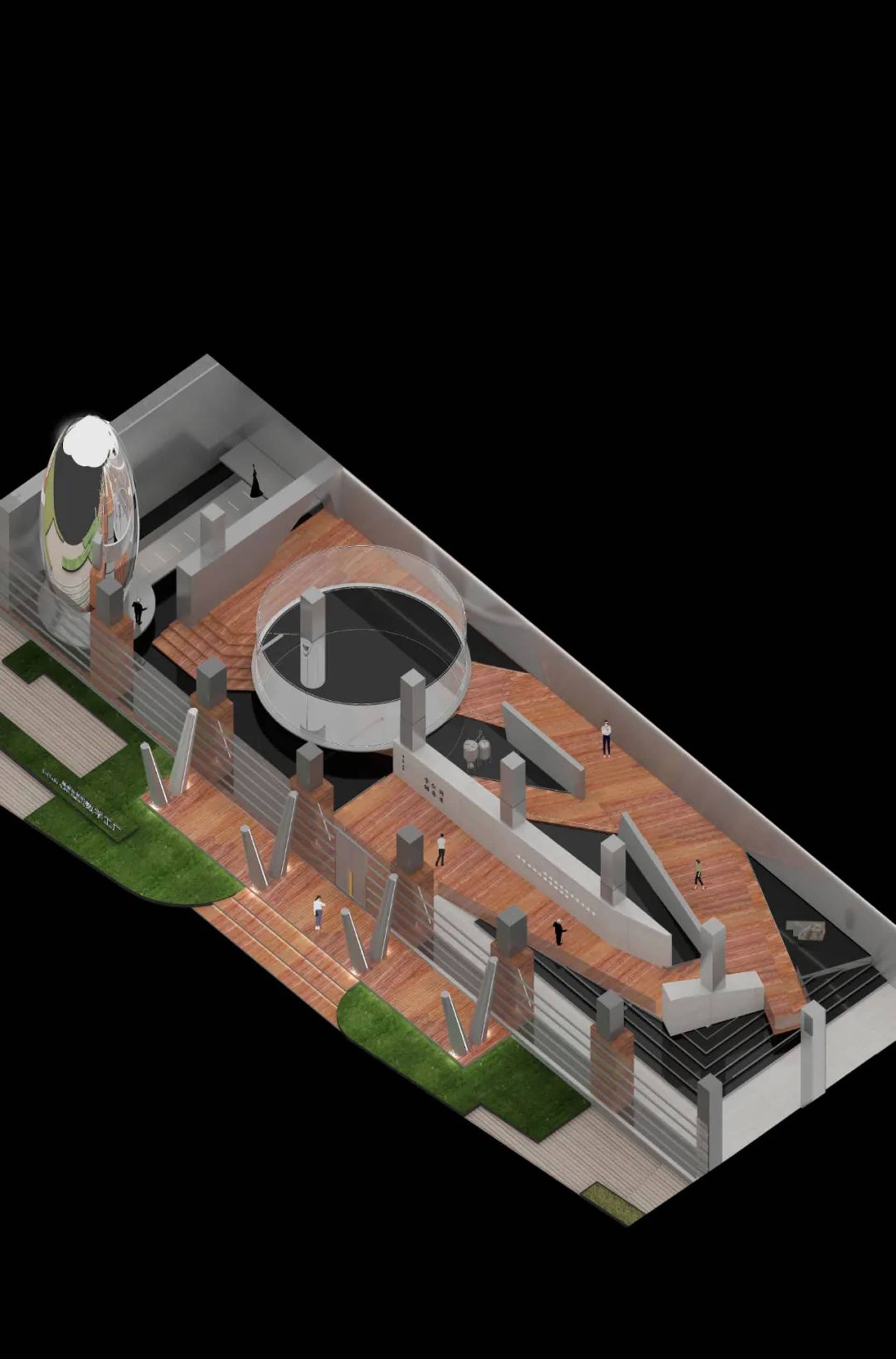 A 3D rendering of a modern exhibition space with wooden decks, glass walls, and concrete structures.