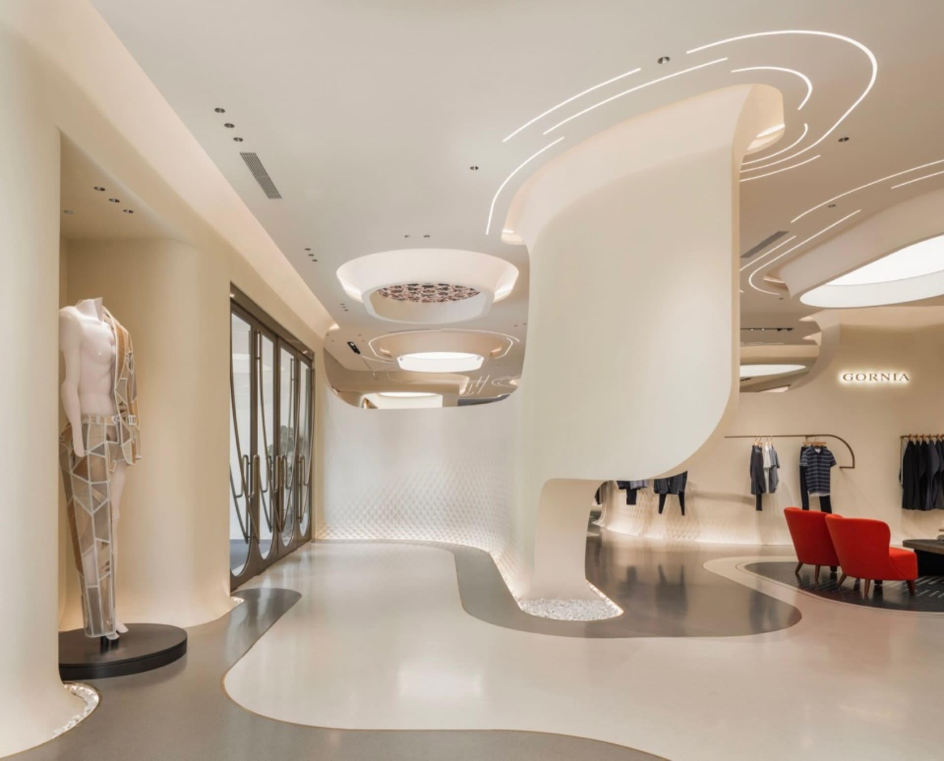 Modern retail space featuring clean lines and white materials.