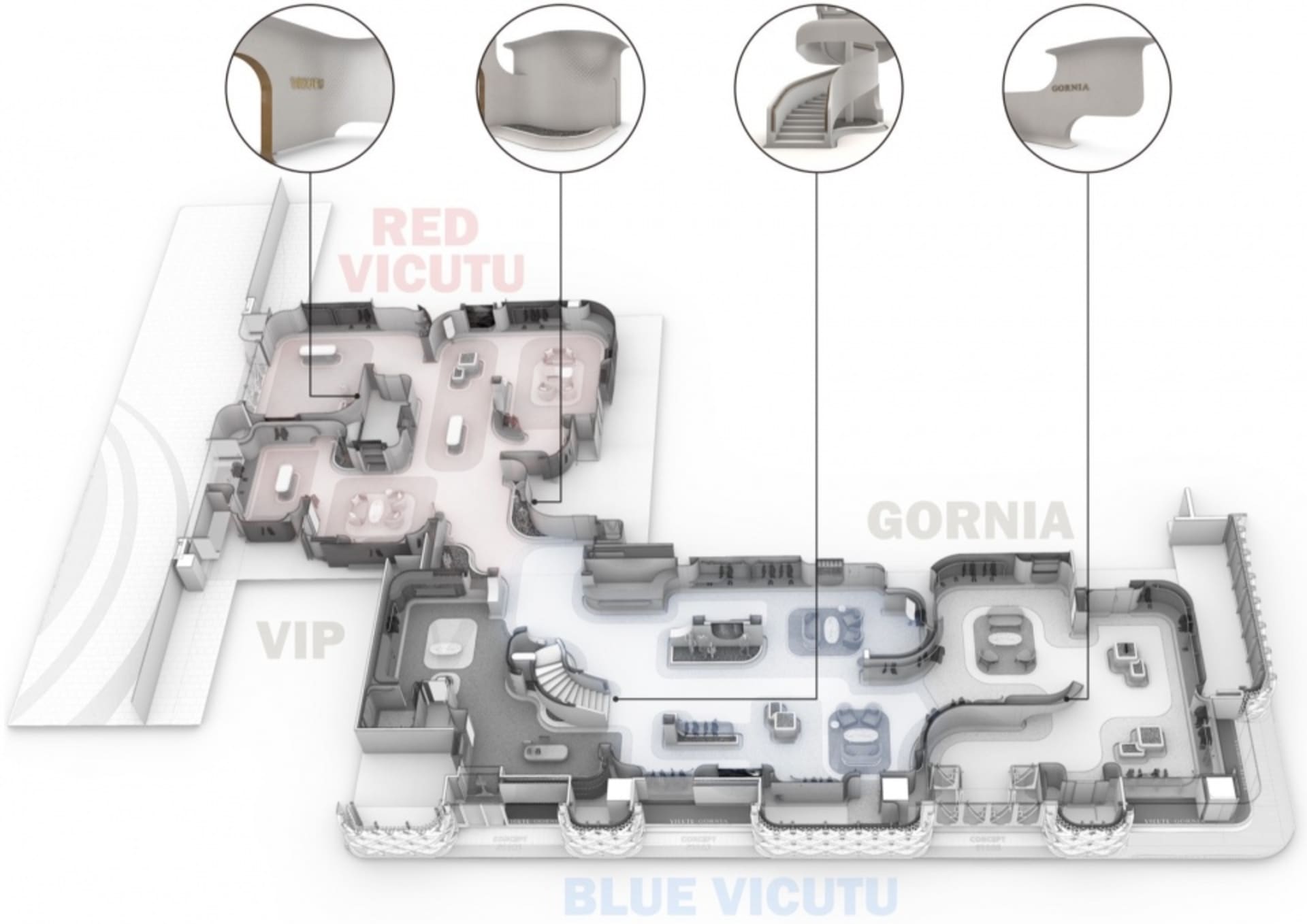 A detailed 2D architectural drawing of a modern office space showcasing an open-plan layout with concrete flooring and variou