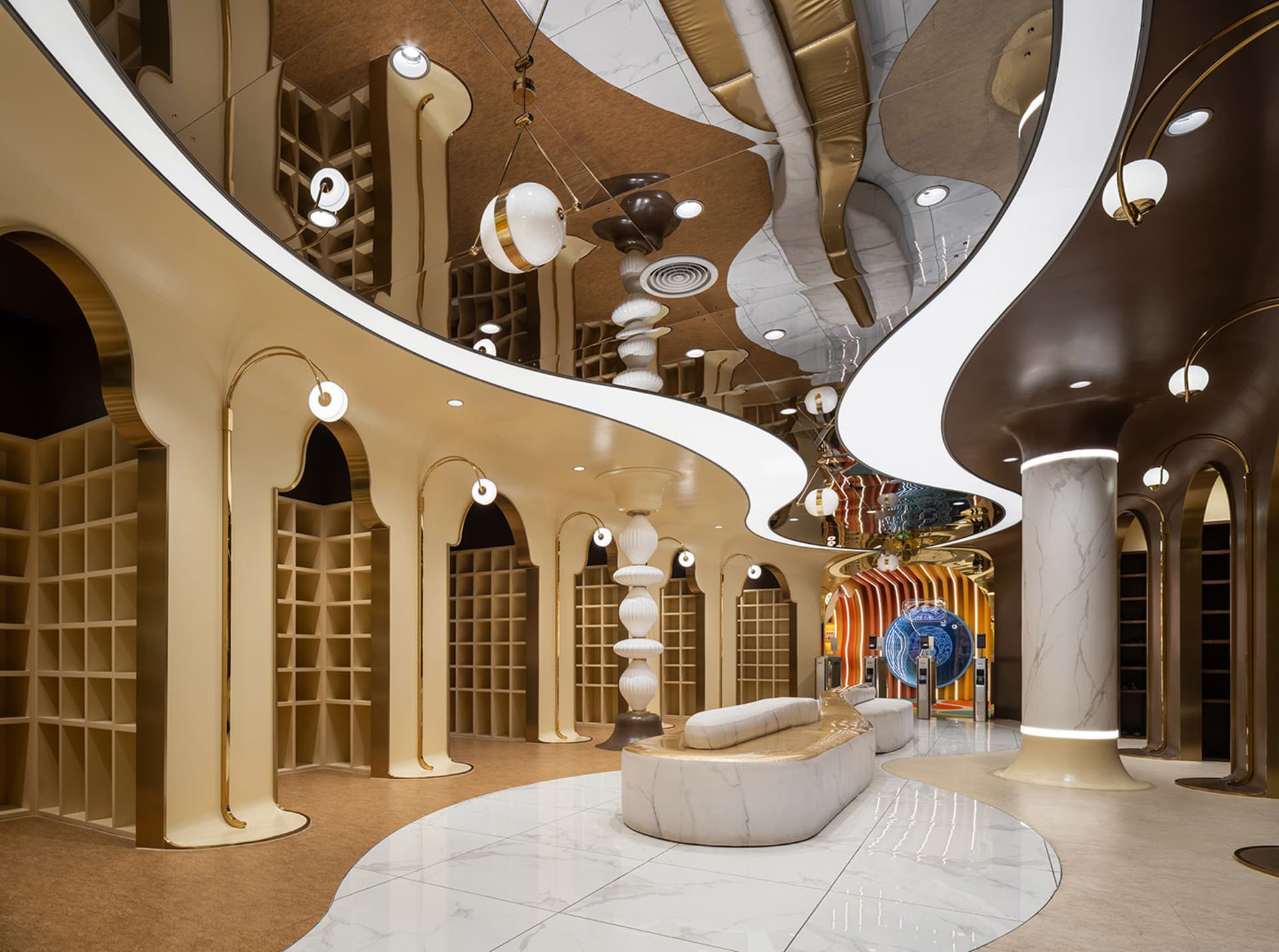 A modern retail space featuring glass, marble, and concrete materials.