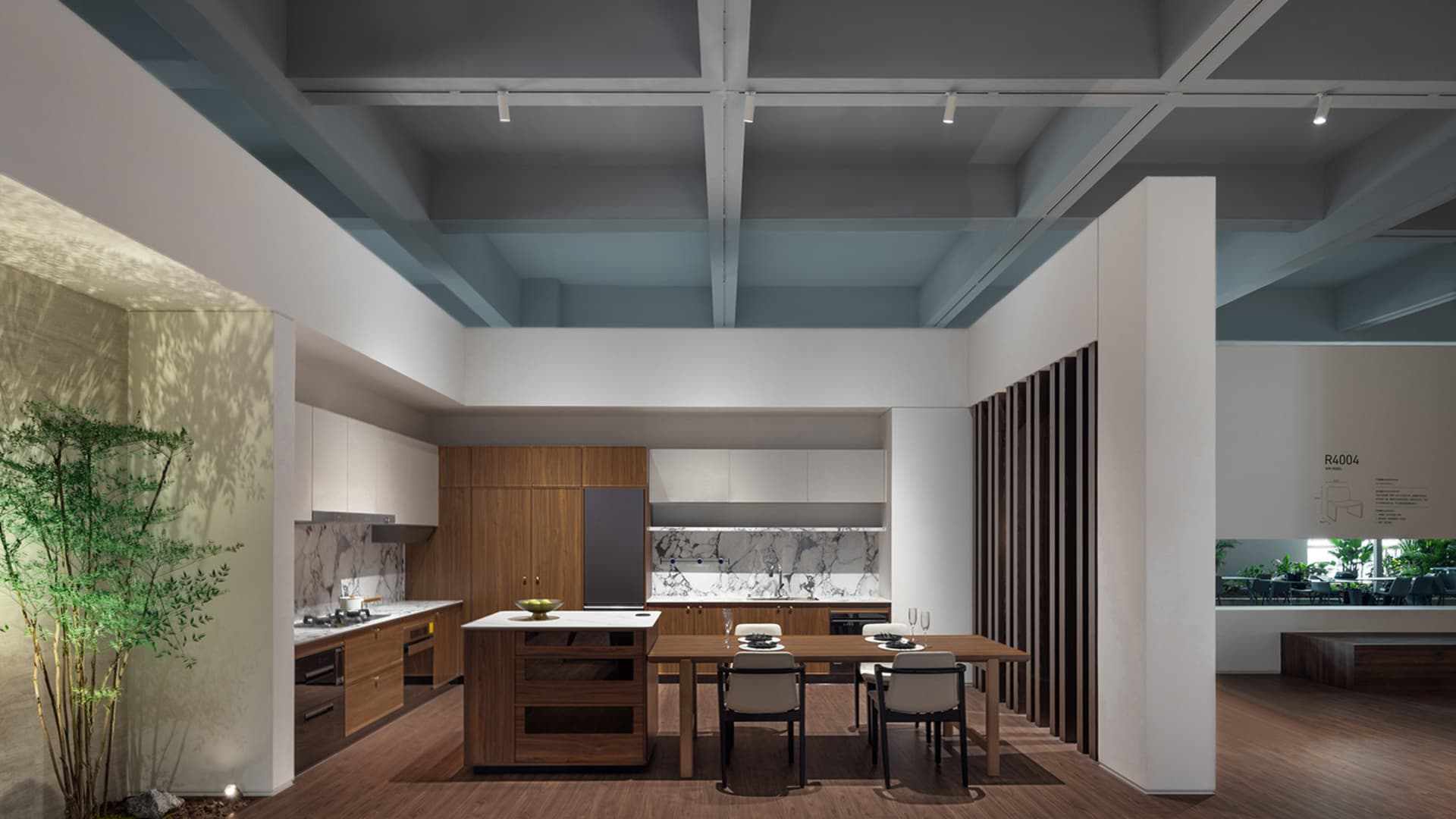 Modern kitchen featuring marble countertops and wooden cabinets