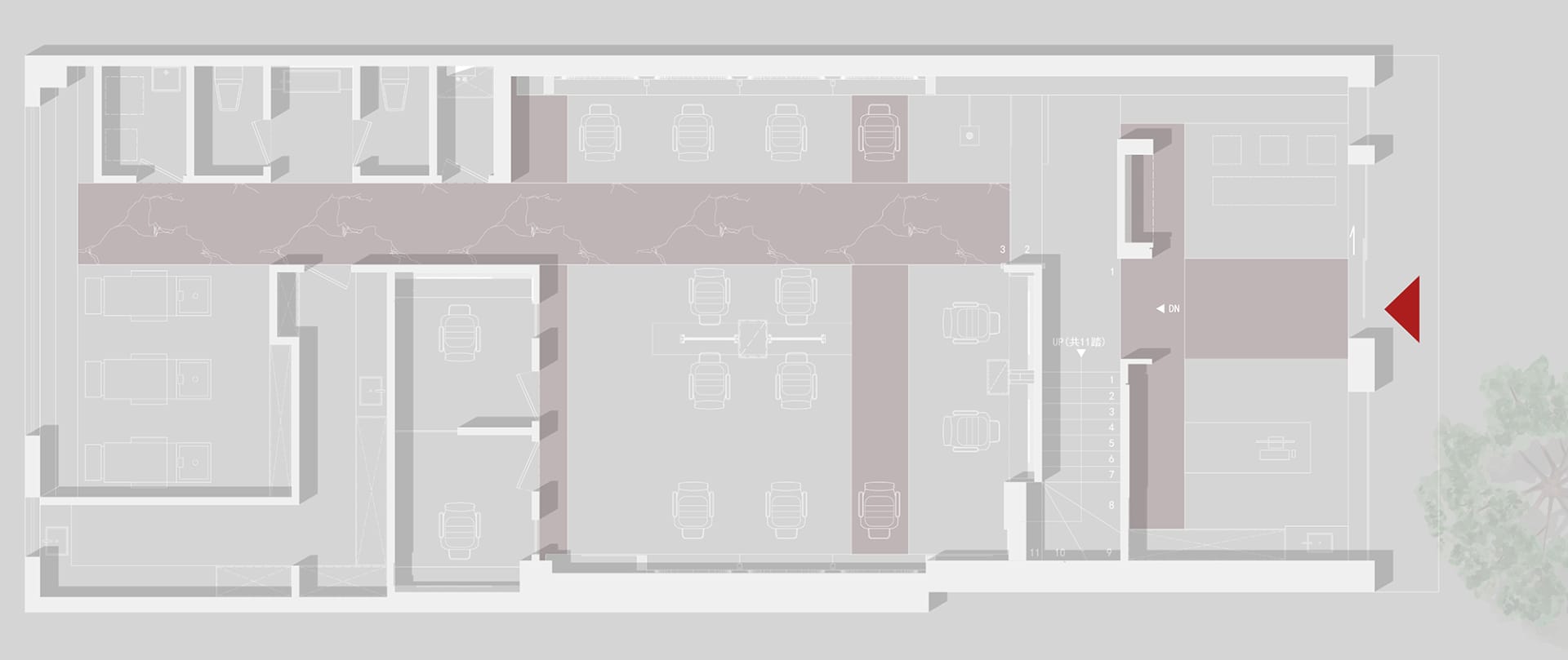 A detailed architectural plan of a modern office space with neutral color schemes.