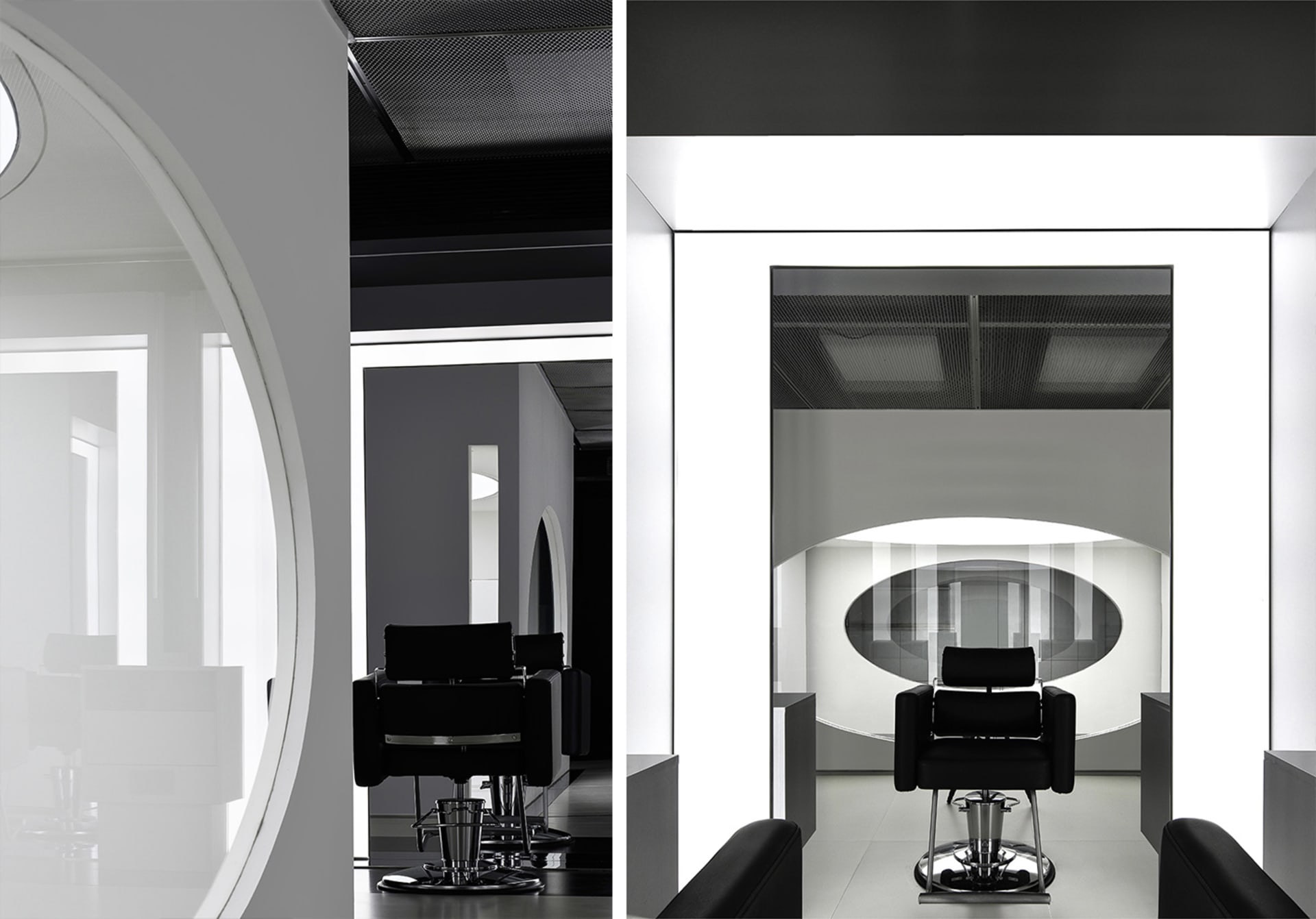 A modern salon interior featuring a sleek, minimalist design with glass walls and steel accents.