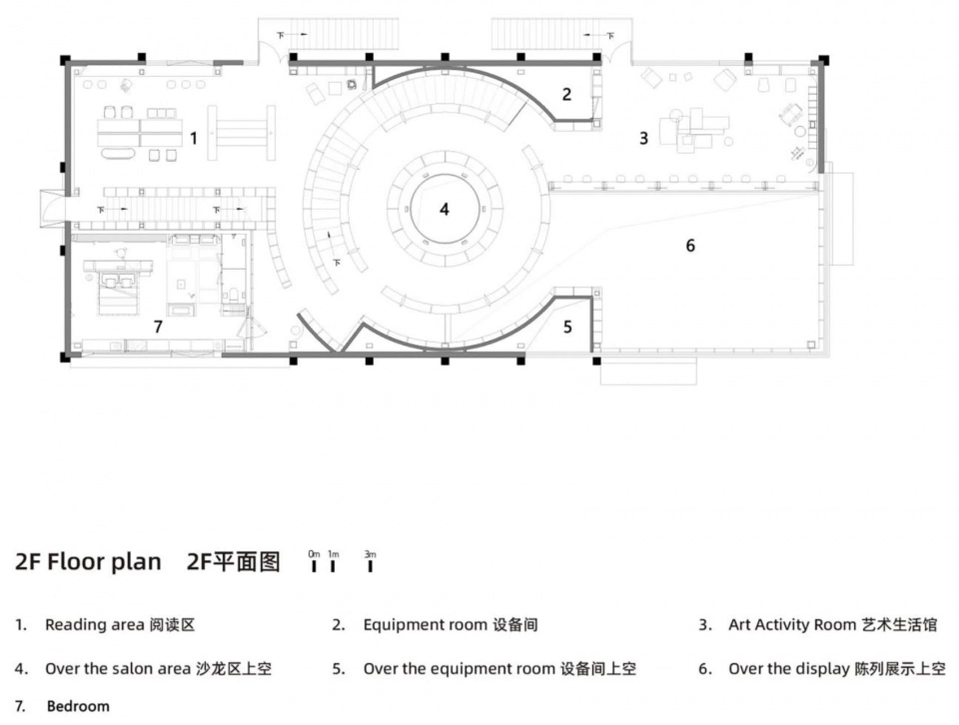 社區中心平面圖,展示開放空間與多個功能區域。