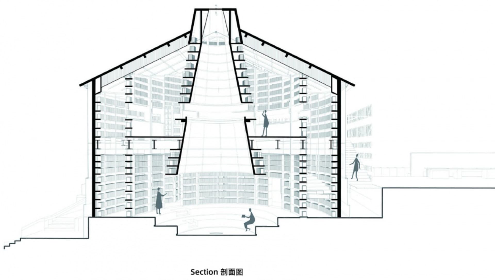 Cross-sectional view of a modern library with glass ceiling and concrete walls