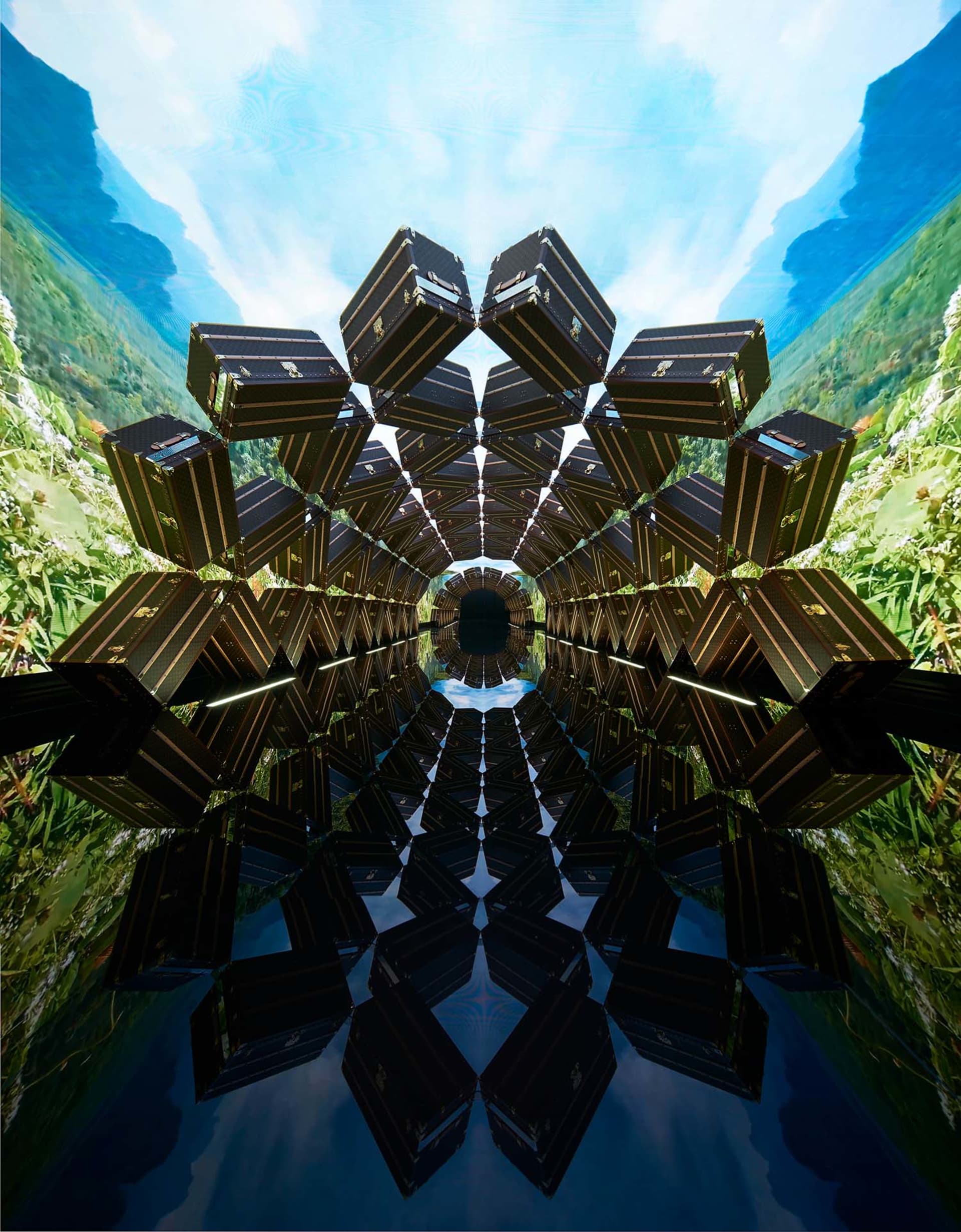 Abstract digital artwork with geometric shapes and symmetrical patterns.