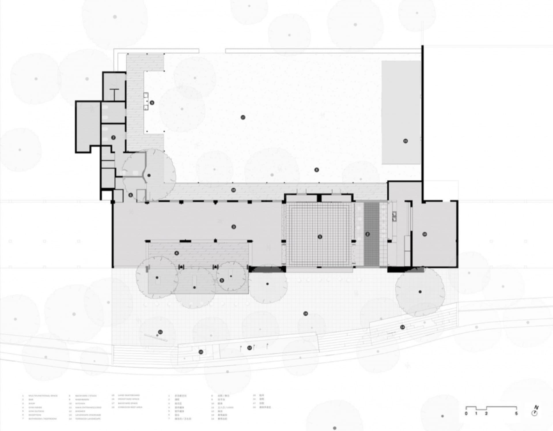 A detailed 2D architectural drawing of a modern building floor plan featuring exposed concrete elements.