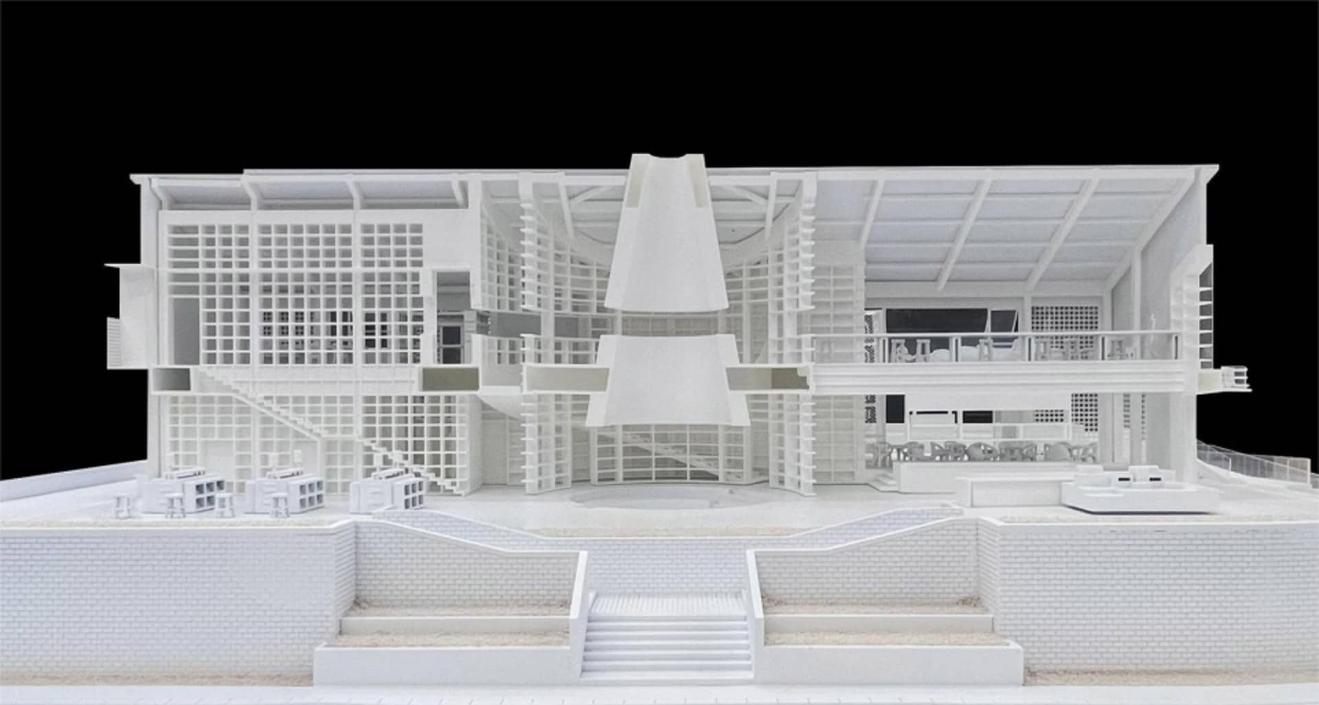 A modern white cafe interior rendered in 3D perspective.