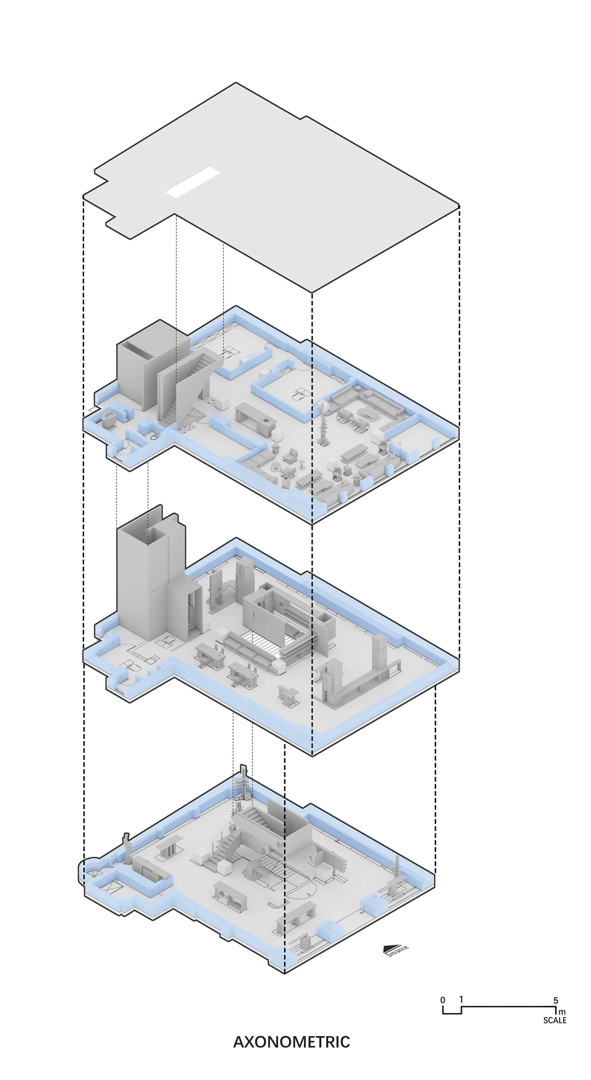 等角3D渲染的室內空間，呈現各種家具與建築元素。