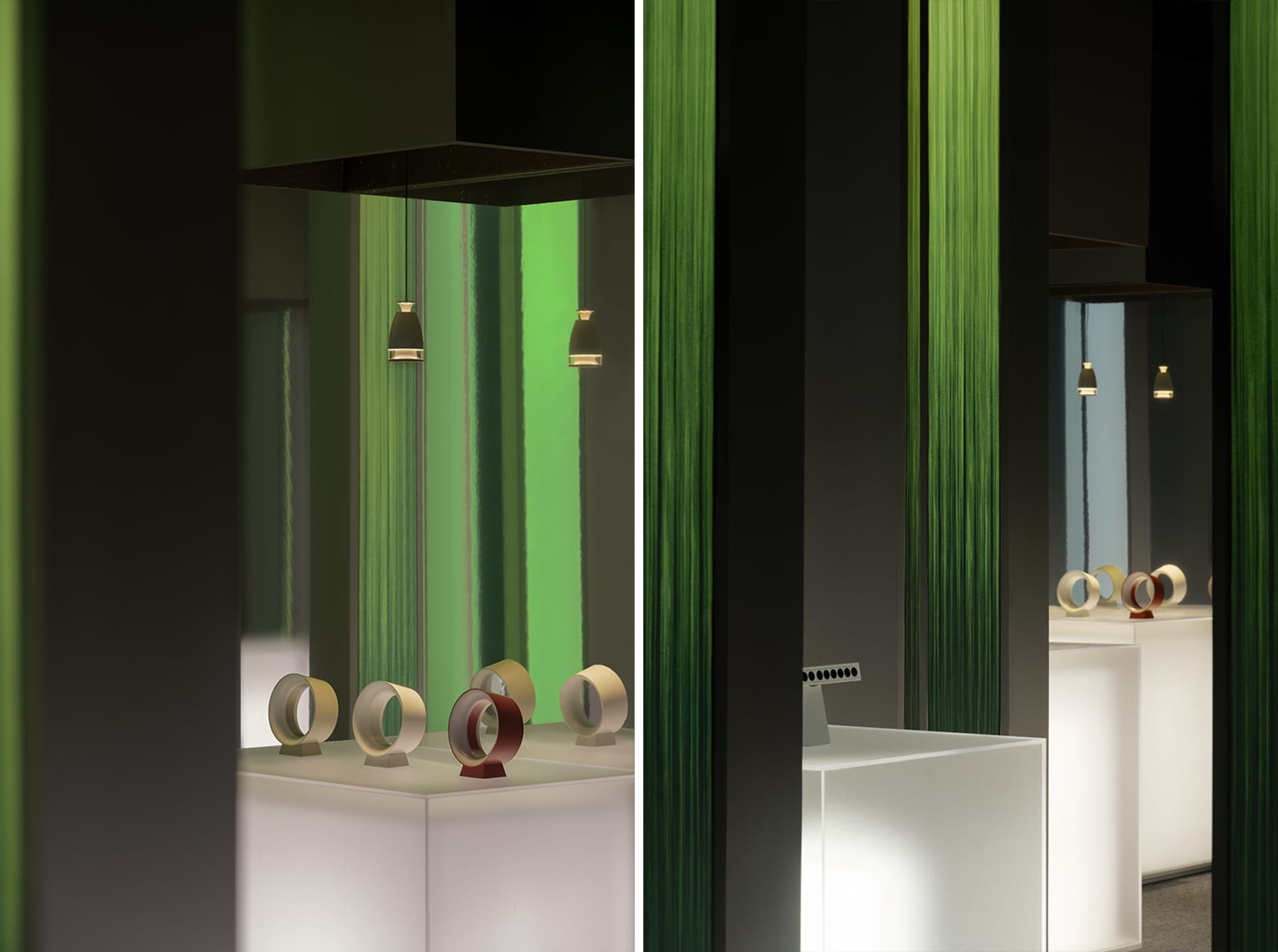 A modern retail display featuring transparent glass elements.