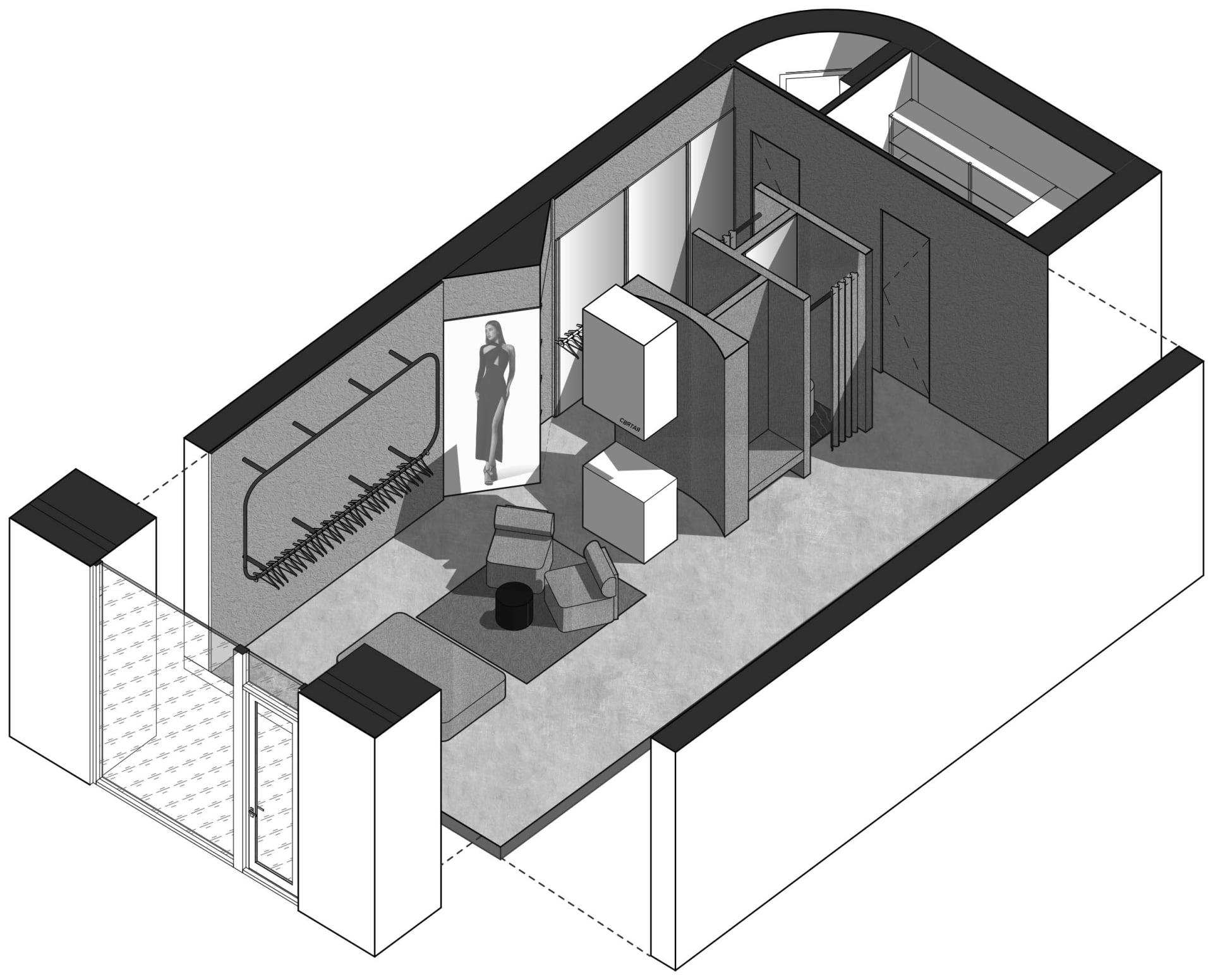 一張現代零售空間的3D渲染圖，採用極簡設計，搭配黑白配色。