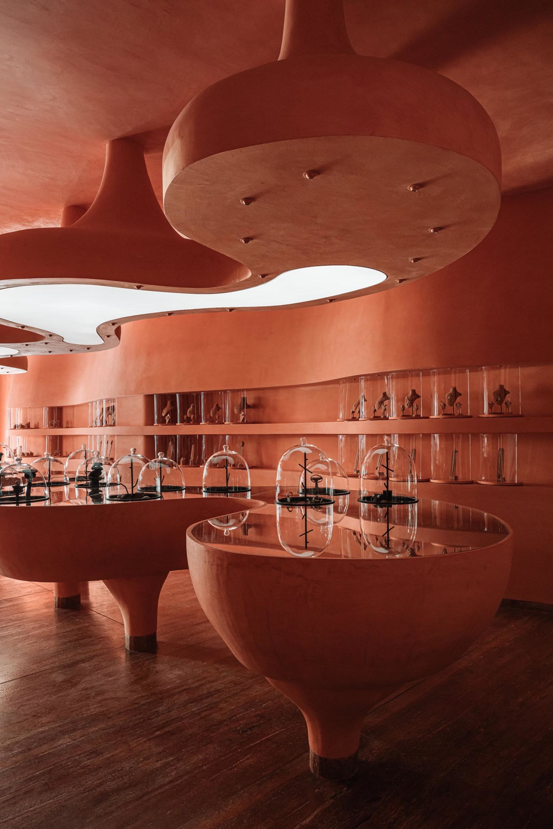 A modern retail storefront featuring glass display cases and illuminated sculptures.