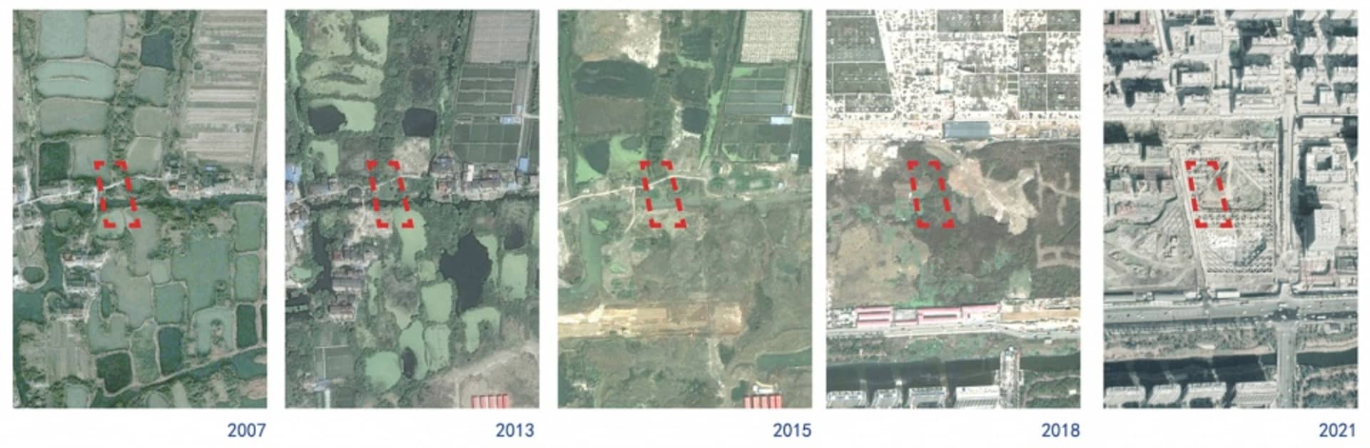 A series of aerial images showing urban development land use change from 2007 to 2021.