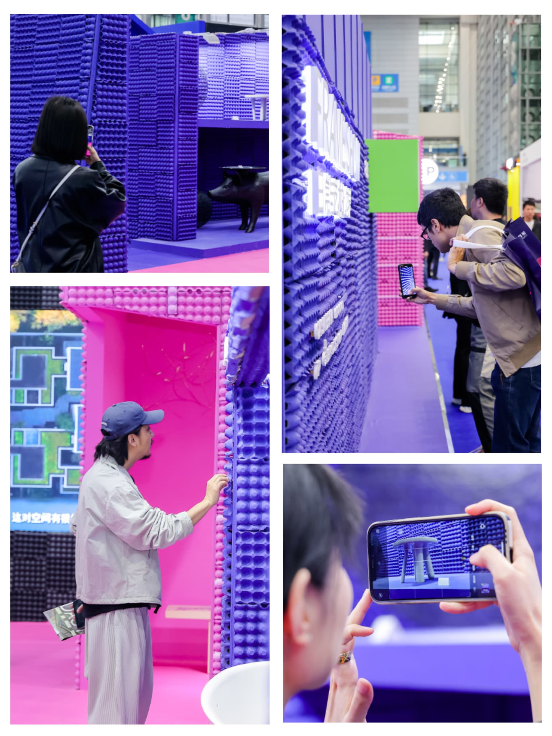 People exploring a colorful exhibition space decorated with foam blocks.