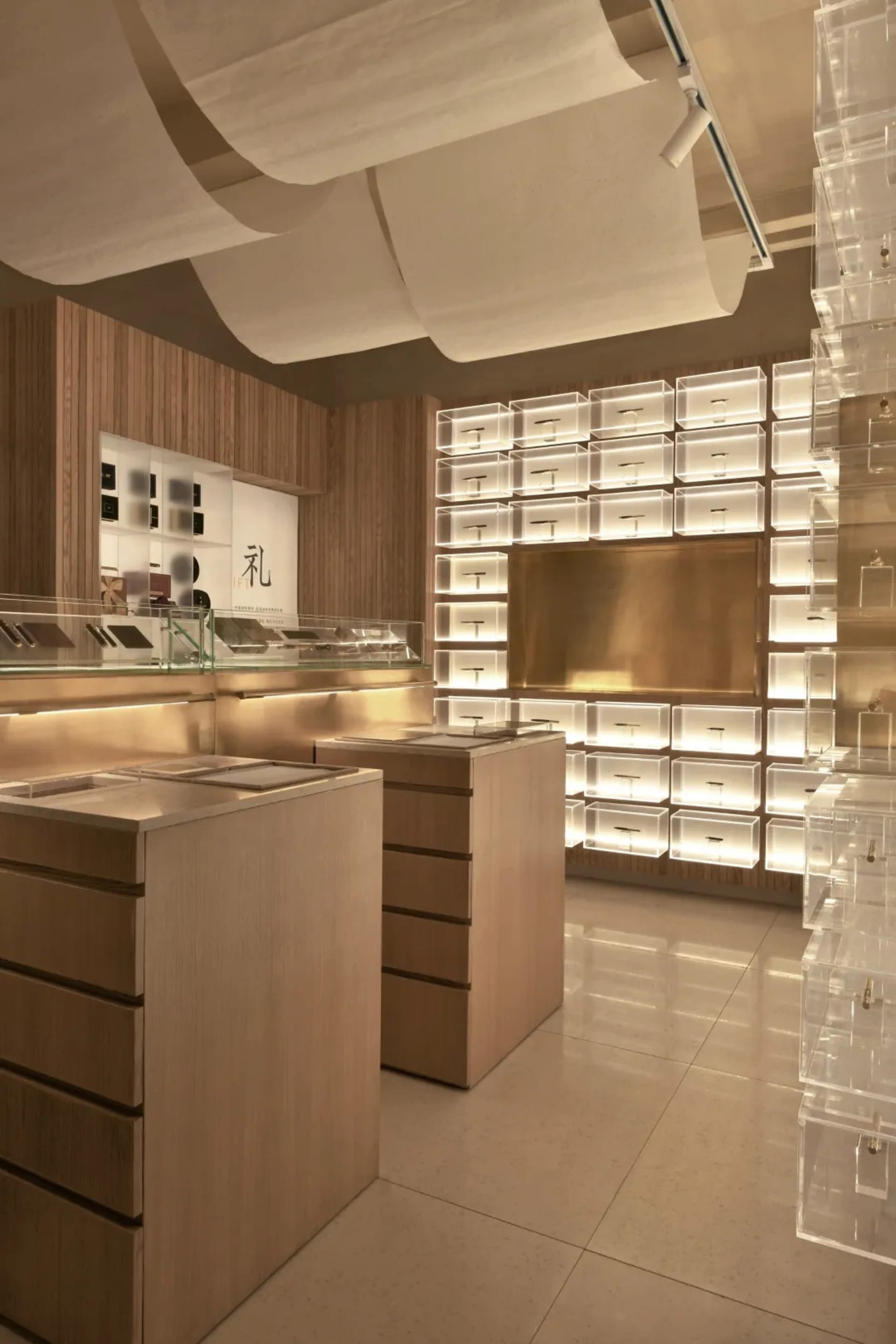 Modern retail store with glass showcases for display.