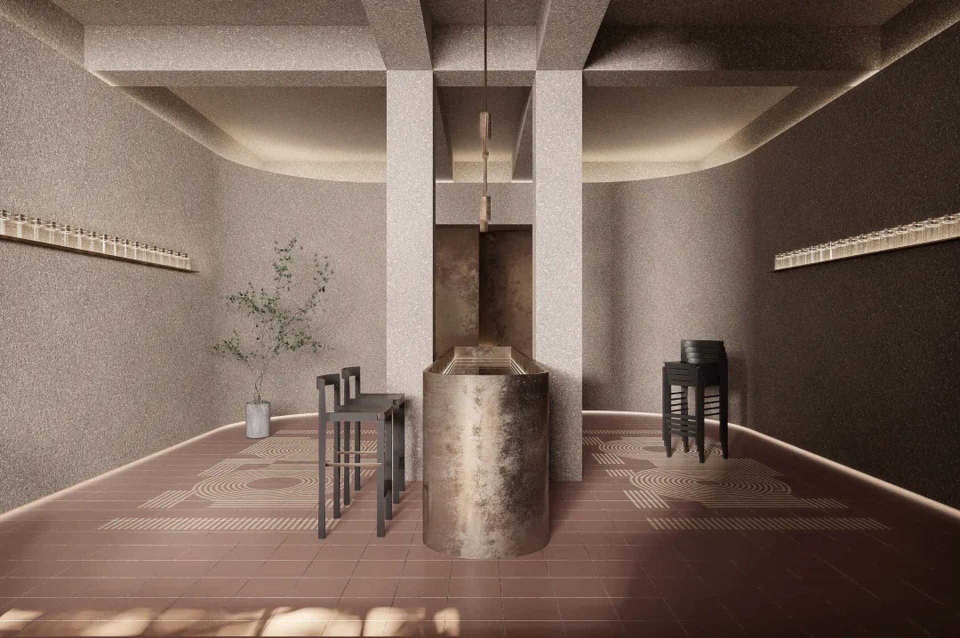Industrial-style barber shop with concrete walls and metal stools.