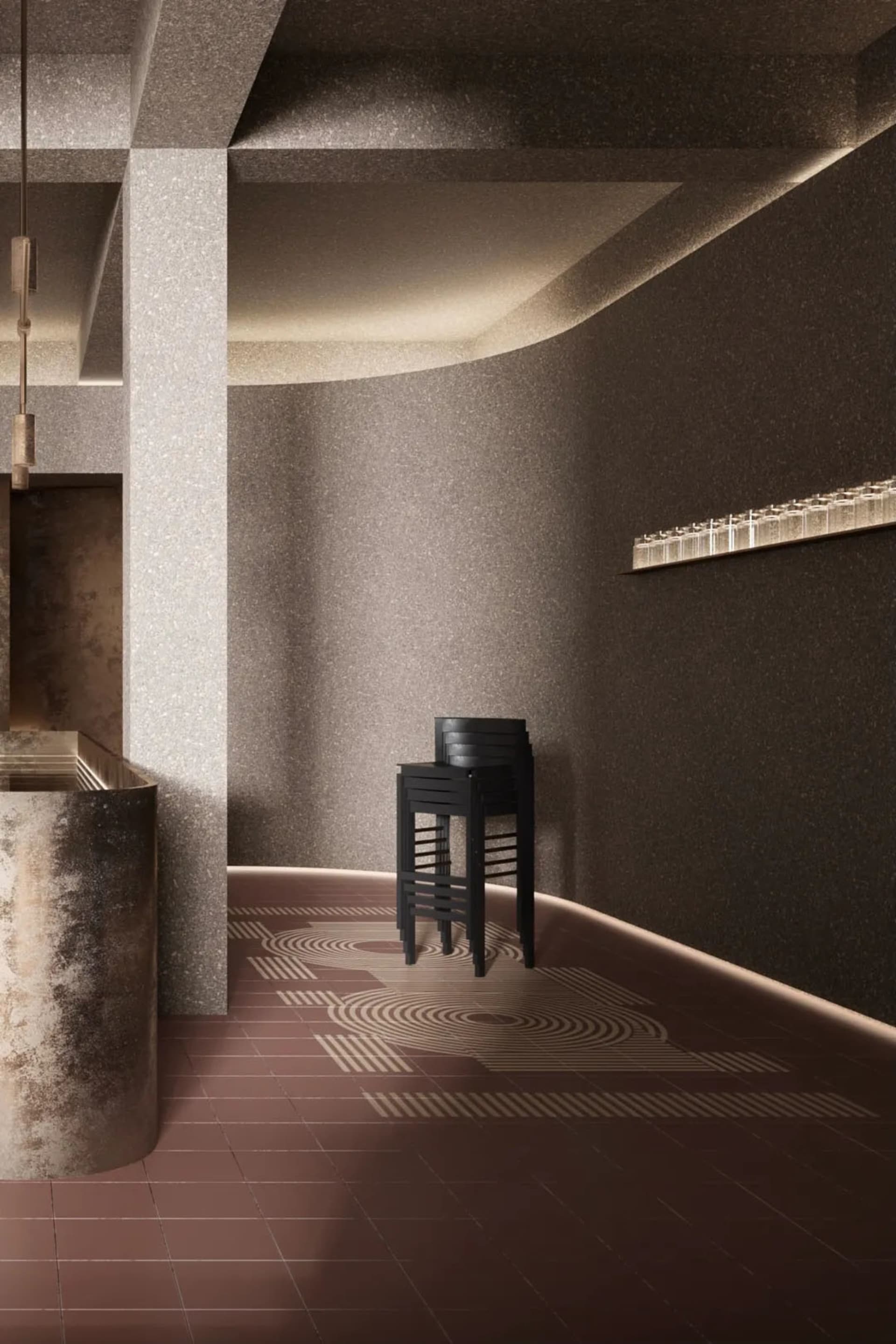 A modern restaurant entryway featuring a concrete design.