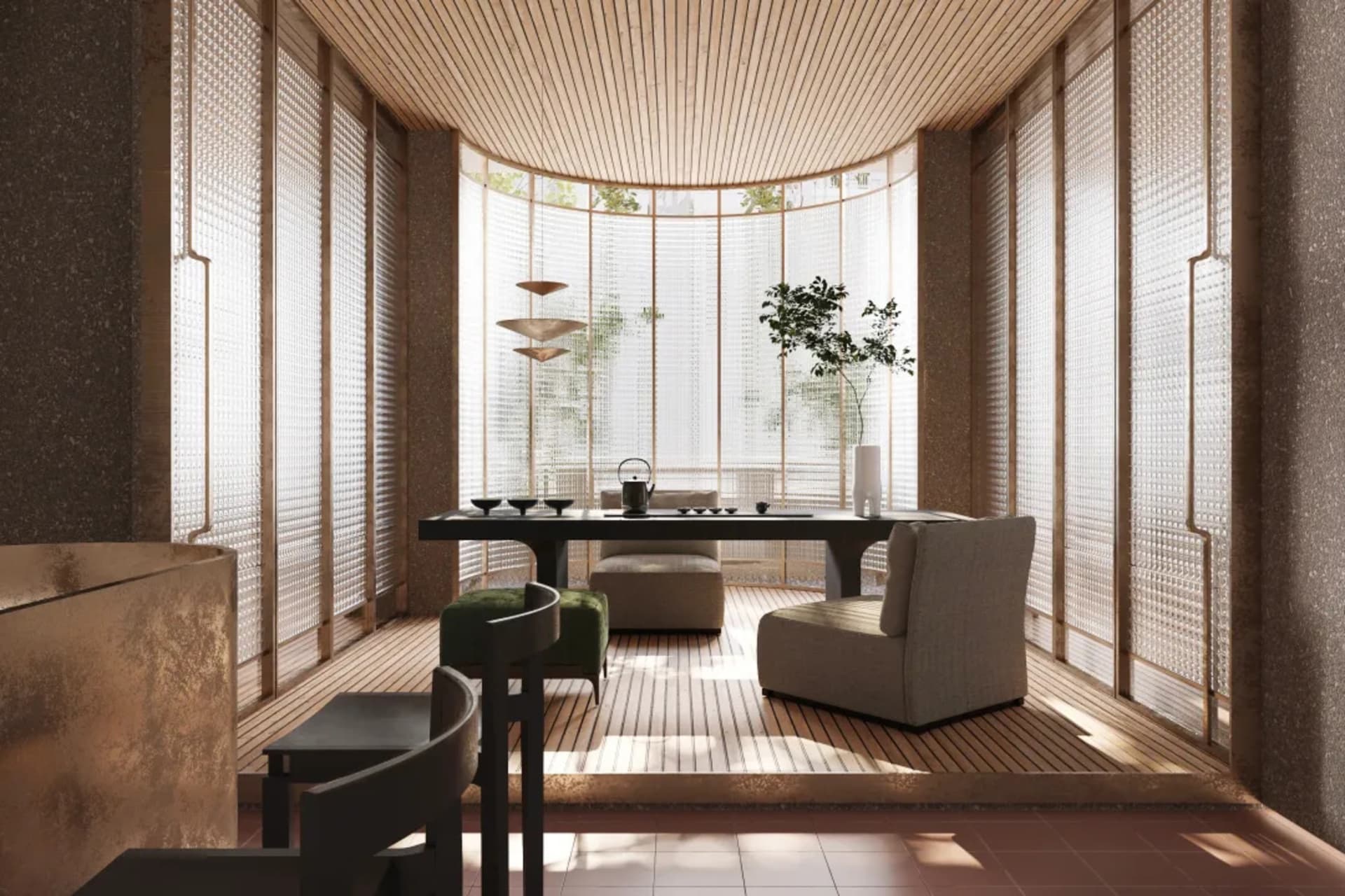 A modern minimalist living room with wooden floors and furniture.