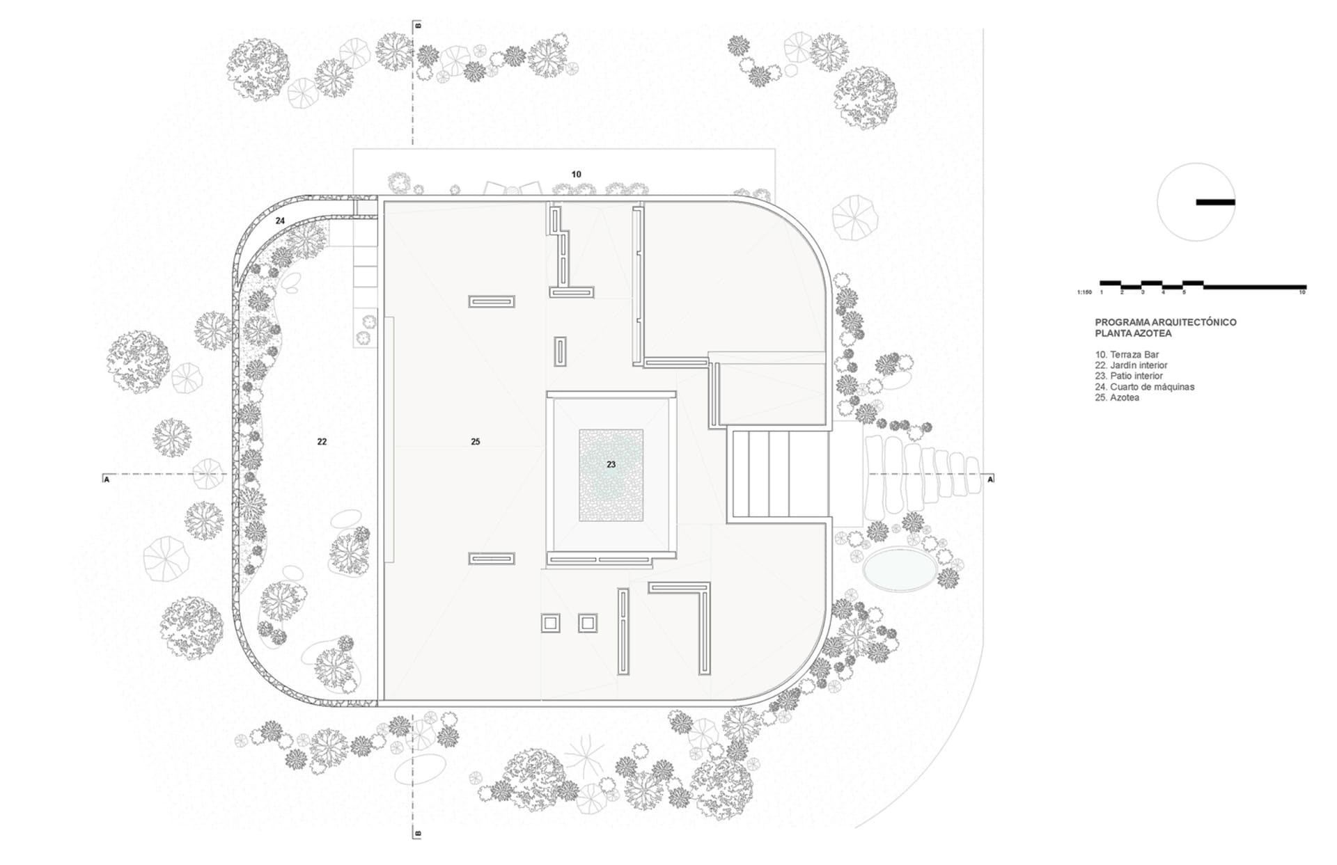 An architectural floor plan featuring a modern building with multiple rooms and outdoor areas.