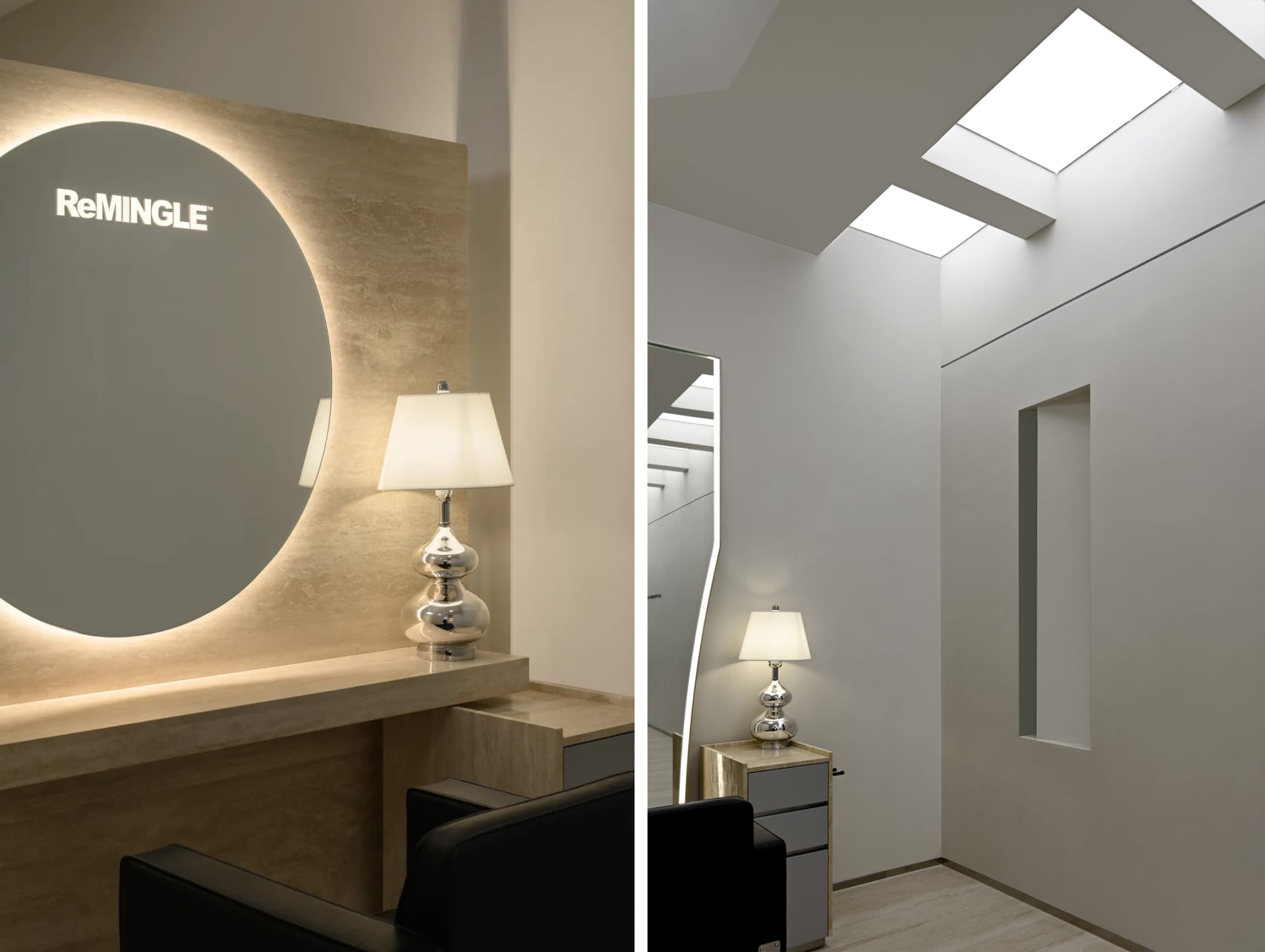 Modern office space with minimalist design, featuring exposed concrete walls and a sleek, contemporary aesthetic.