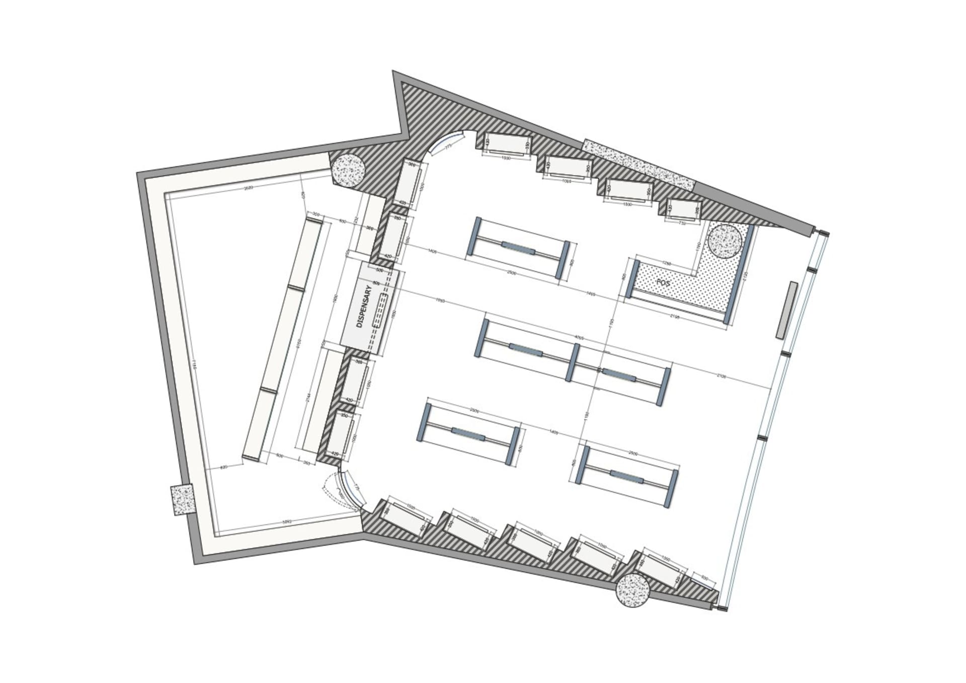 Detailed furniture layout plan for a coffee shop interior design