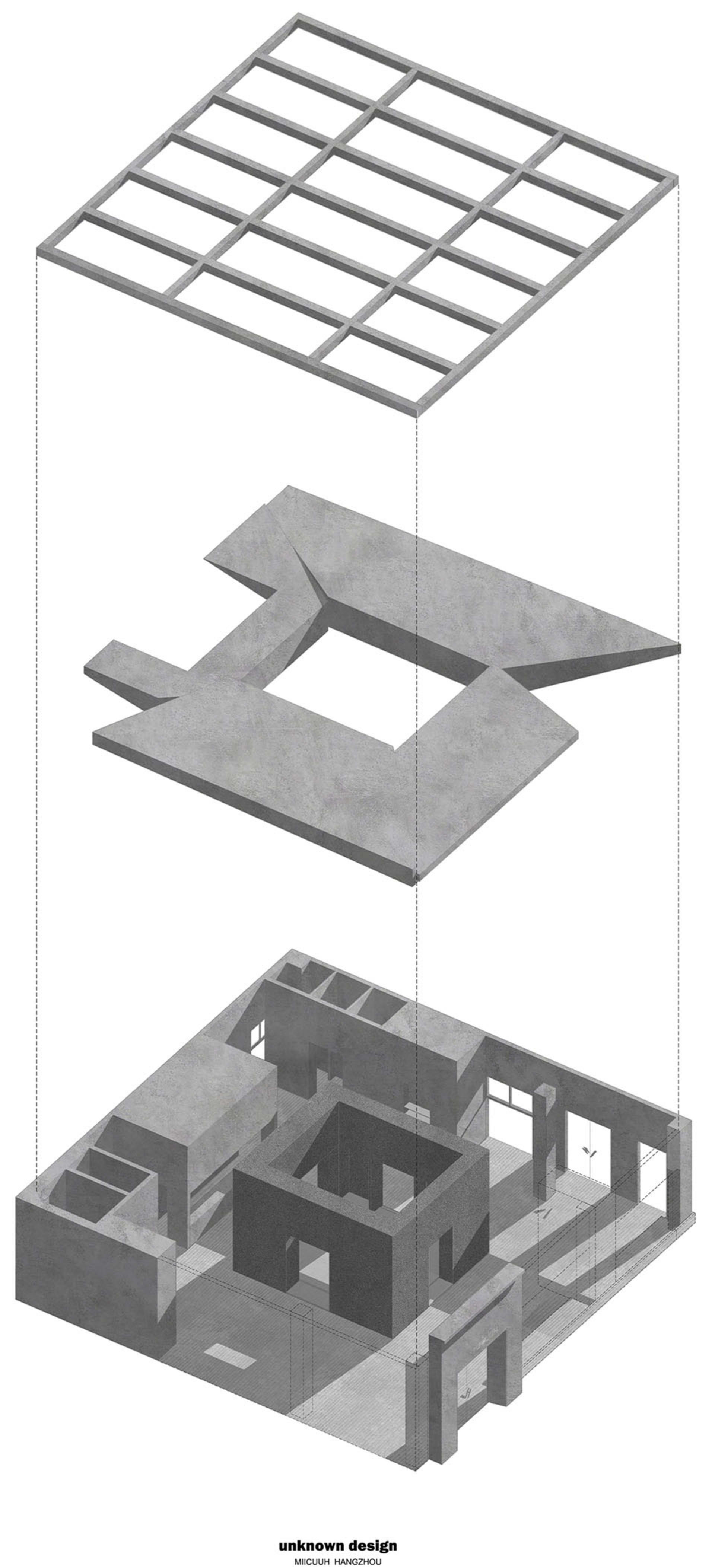 現代室內設計，混凝土牆面搭配木質元素，以3D透視呈現。