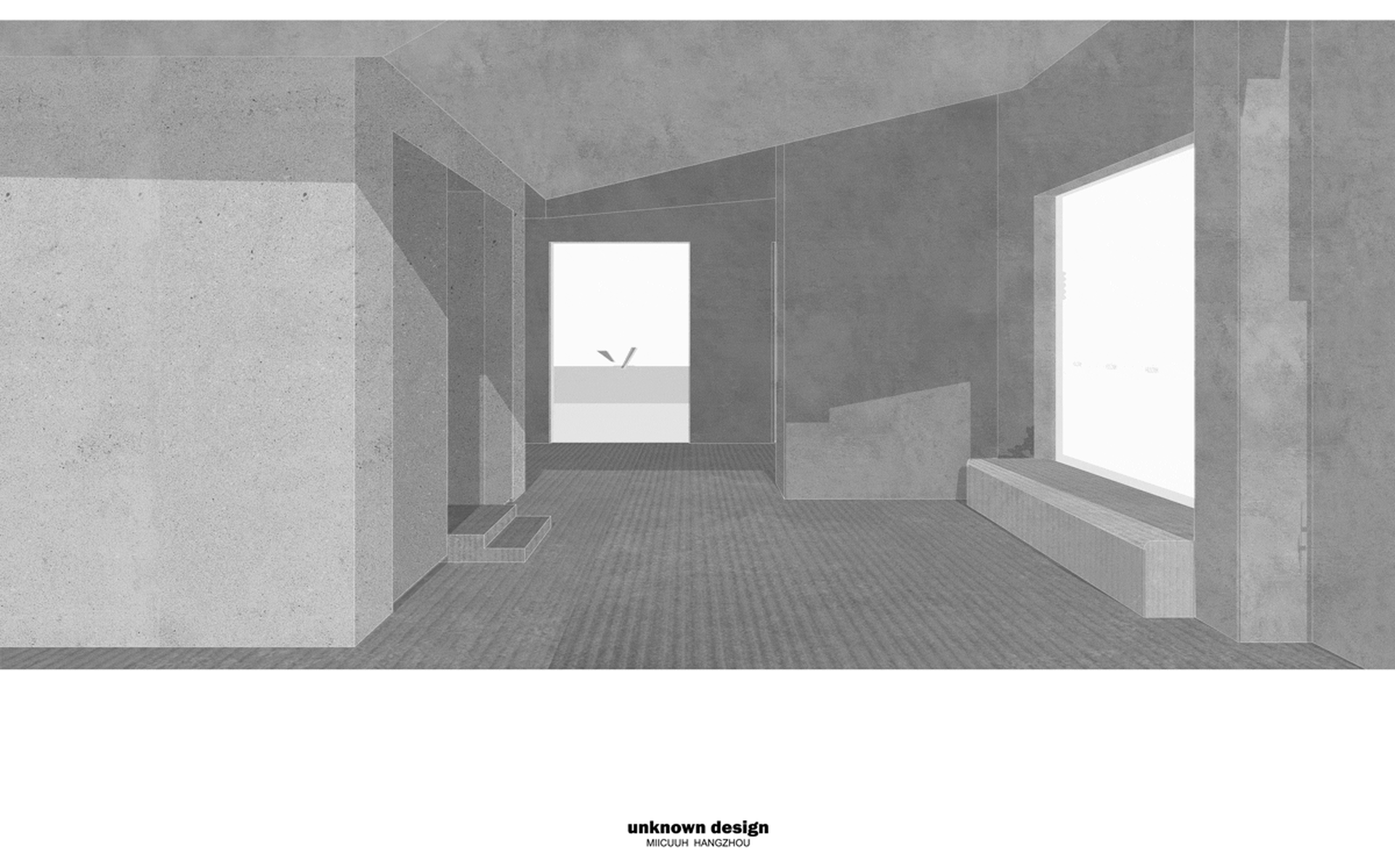 A modern, minimalist living space with concrete walls and flooring, featuring a large window and a low, built-in bench seatin