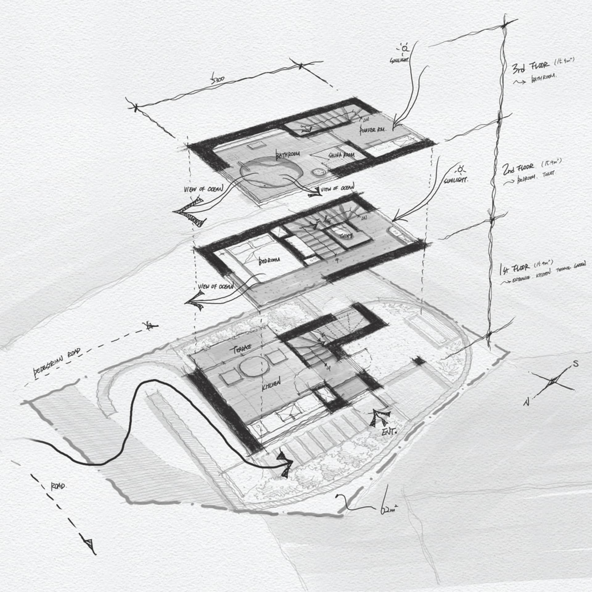 A three-floor residential interior floor plan with views of the ocean, featuring a bathroom, bedroom, and kitchens on each le